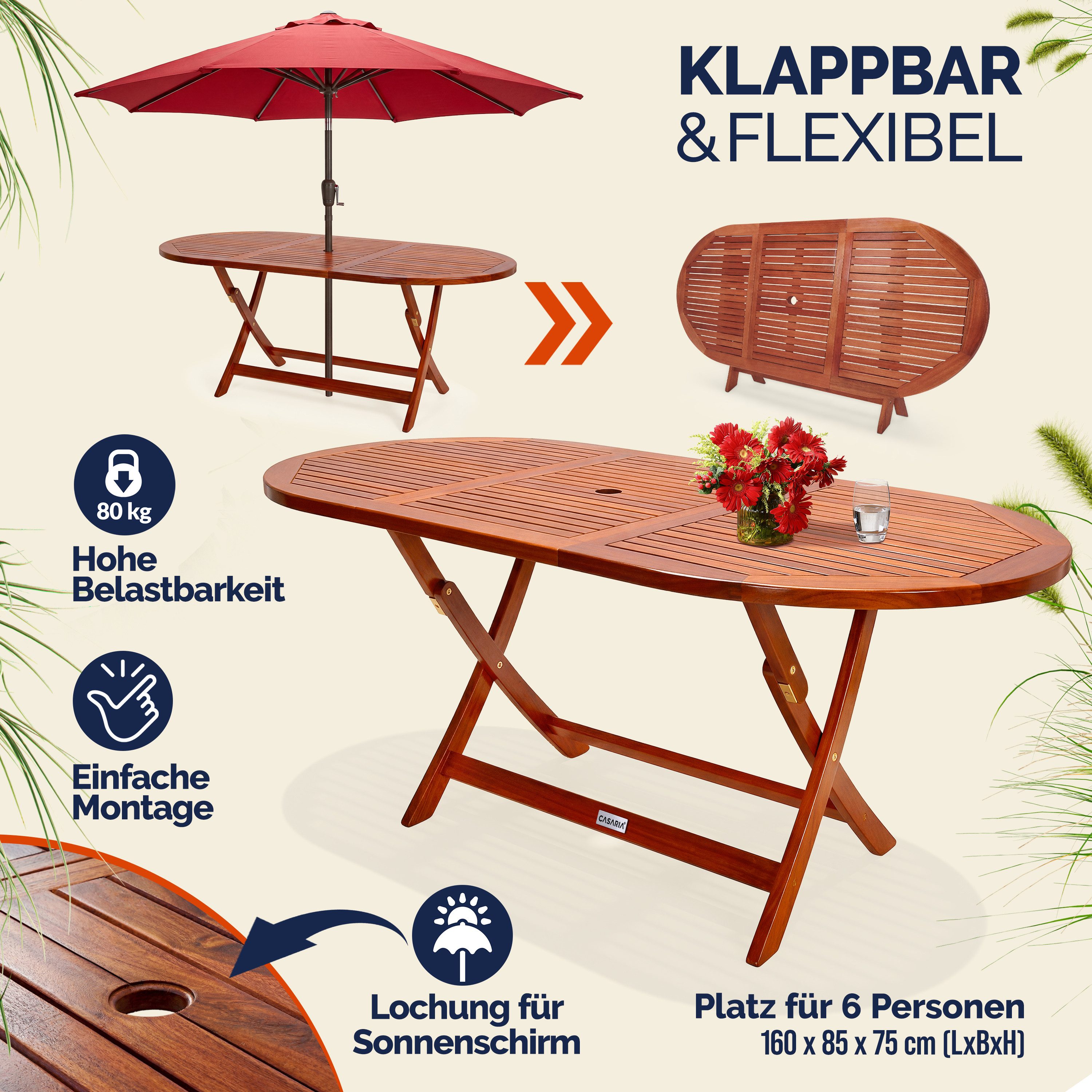 Casaria Gartentisch Alabama (1-St), Klappbar FSC®-zertifiziert Akazie Schirmständer 80kg Belastbar Garten