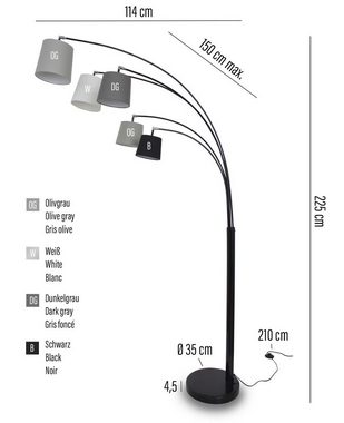 Kiom Stehlampe Bogenleuchte Nivia 5-armig schwarz & grau 225cm, schwenk- und neigbar, Leuchtmittel nicht inklusive, Leuchtmittel abhängig