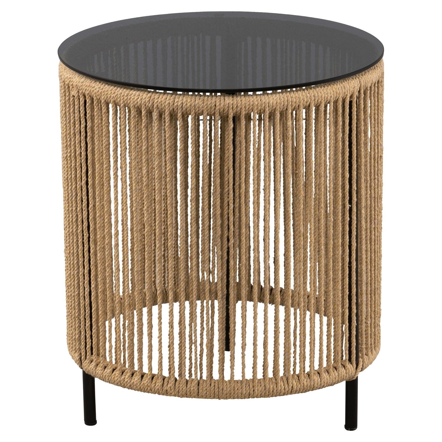 M2 Kollektion Beistelltisch SIMON, Ø 40 cm, Braun, Schwarz, Sicherheitsglas, Metallgestell, Seitenbespannung aus Kordeln