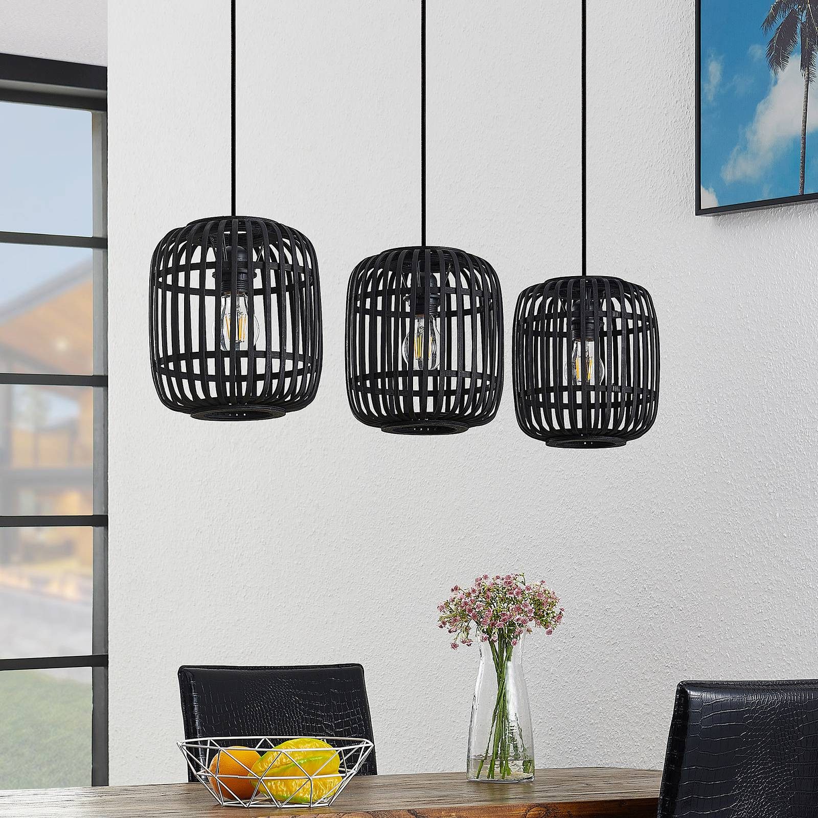 Lindby Hängeleuchte Canyana, Holz Schwarz IP20, 3 x 40 W