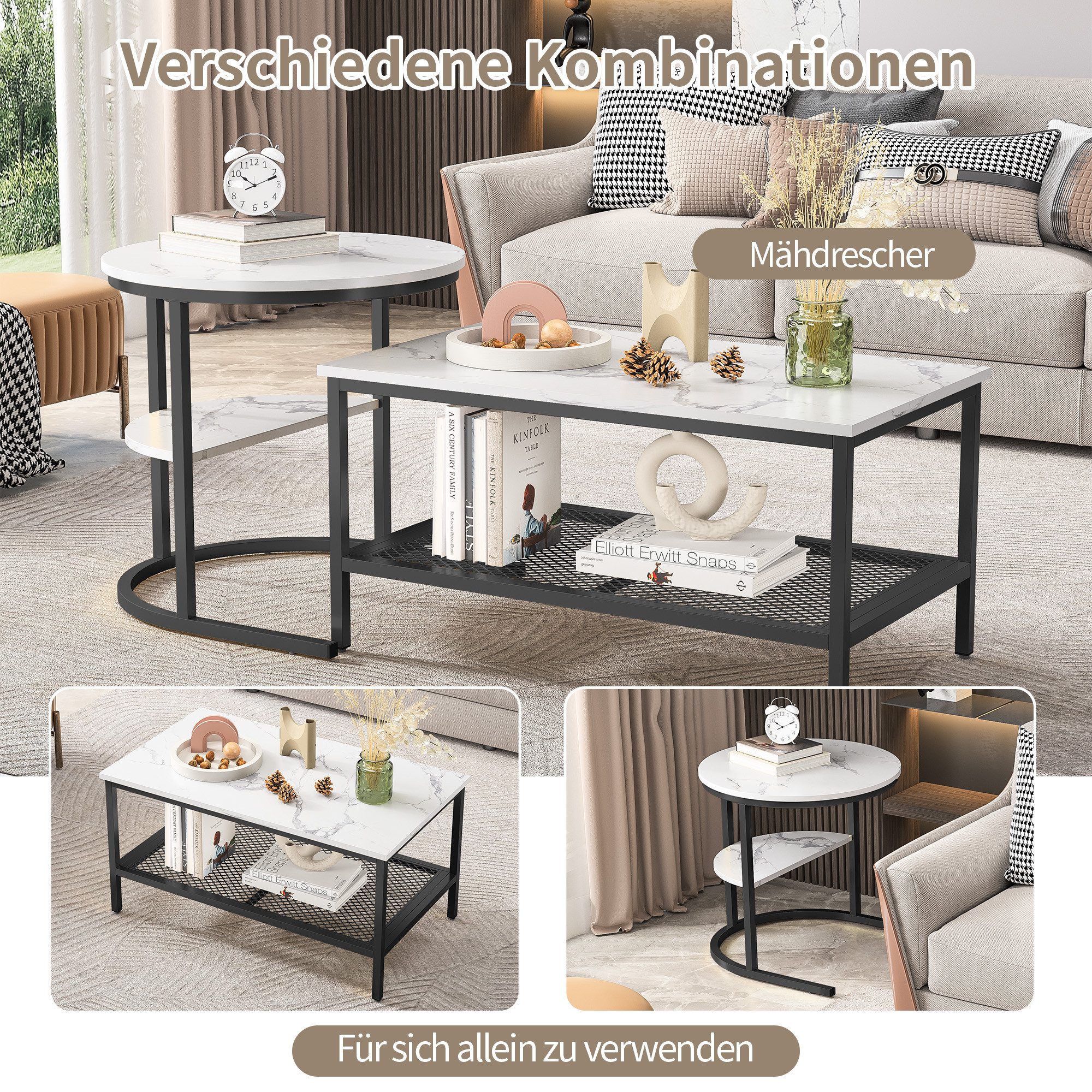 FUROKOY Couchtisch 2er-Satztisch Beistelltisch stapelbarer Sofatisch (Runder Tisch Oval,Marmoroptik,mit Ablagebode,Weiß-Schwarz), 80x46x41cm+52x52x51cm