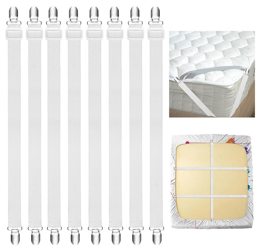 TUWENA Spannbettlaken 8 Stück Bettlakenklammern Verstellbar 60-250 cm mit Metallclips, Elastische Bettlakenspanner mit Metallclips für Spannbettlaken