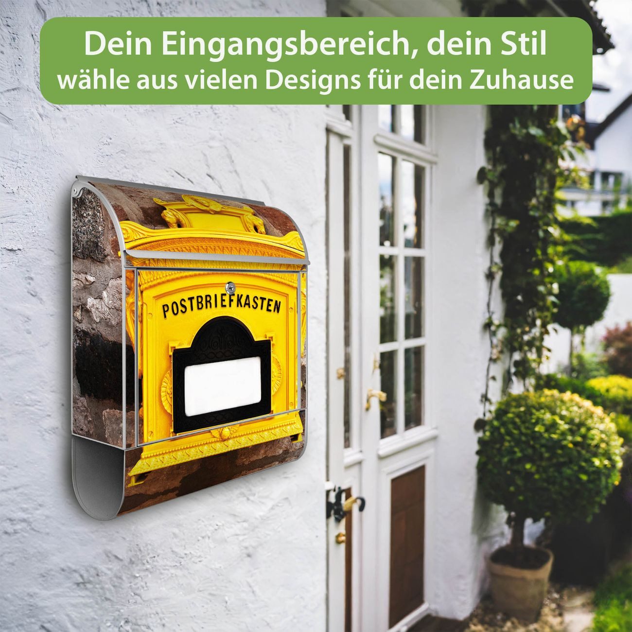 banjado Wandbriefkasten Silber Stahl mit Motiv Historischer Postkasten (Wandbriefkasten witterungsbeständig, pulverbeschichtet, mit Zeitungsfach), 47 x 39 x 14 cm