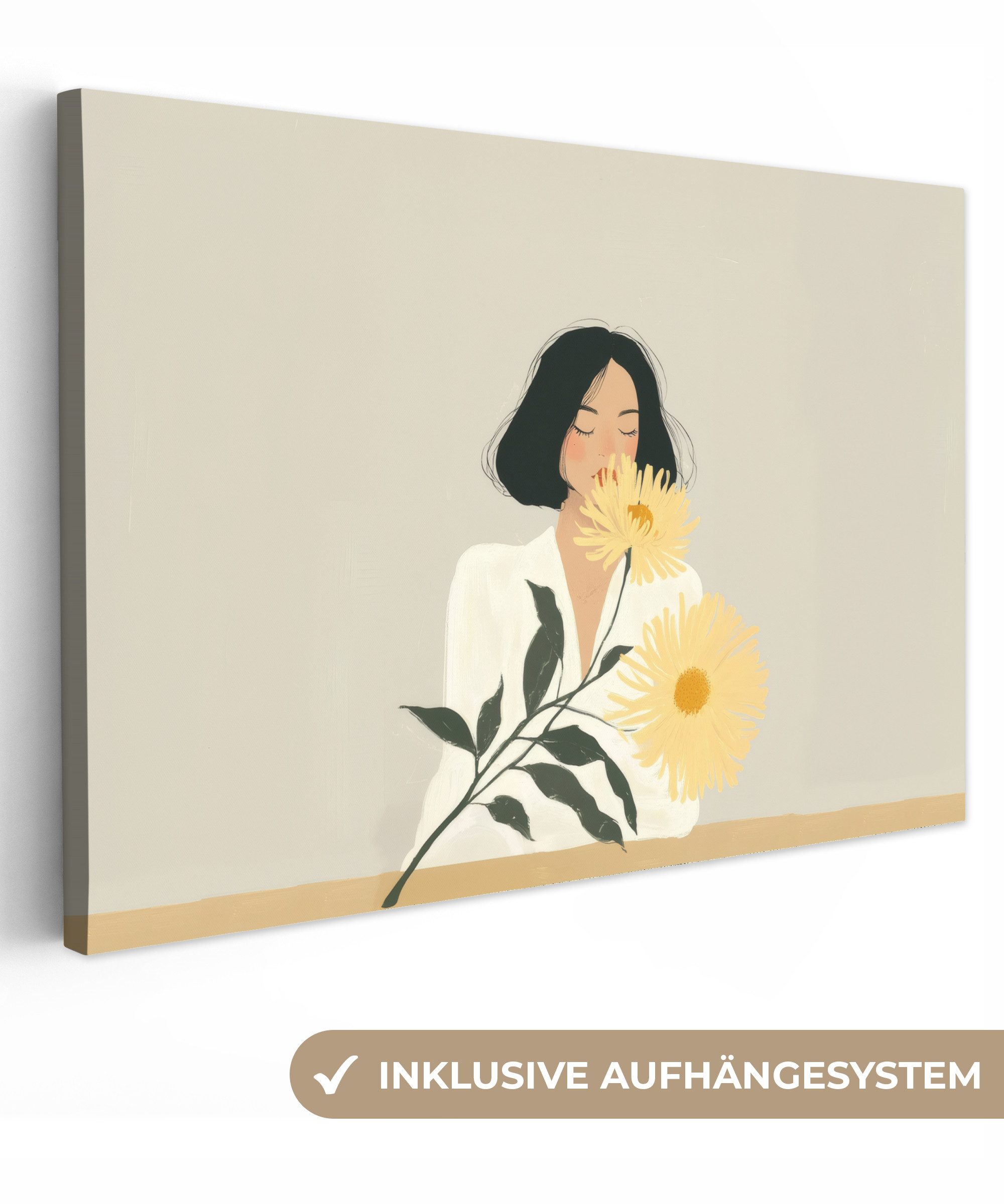 OneMillionCanvasses® Leinwandbild Frau - Blume - Gelb - Minimalistisch, Fotodruck (1 St), Leinwandbilder XXL Wohnzimmer, Deko Aesthetic 150x100 cm