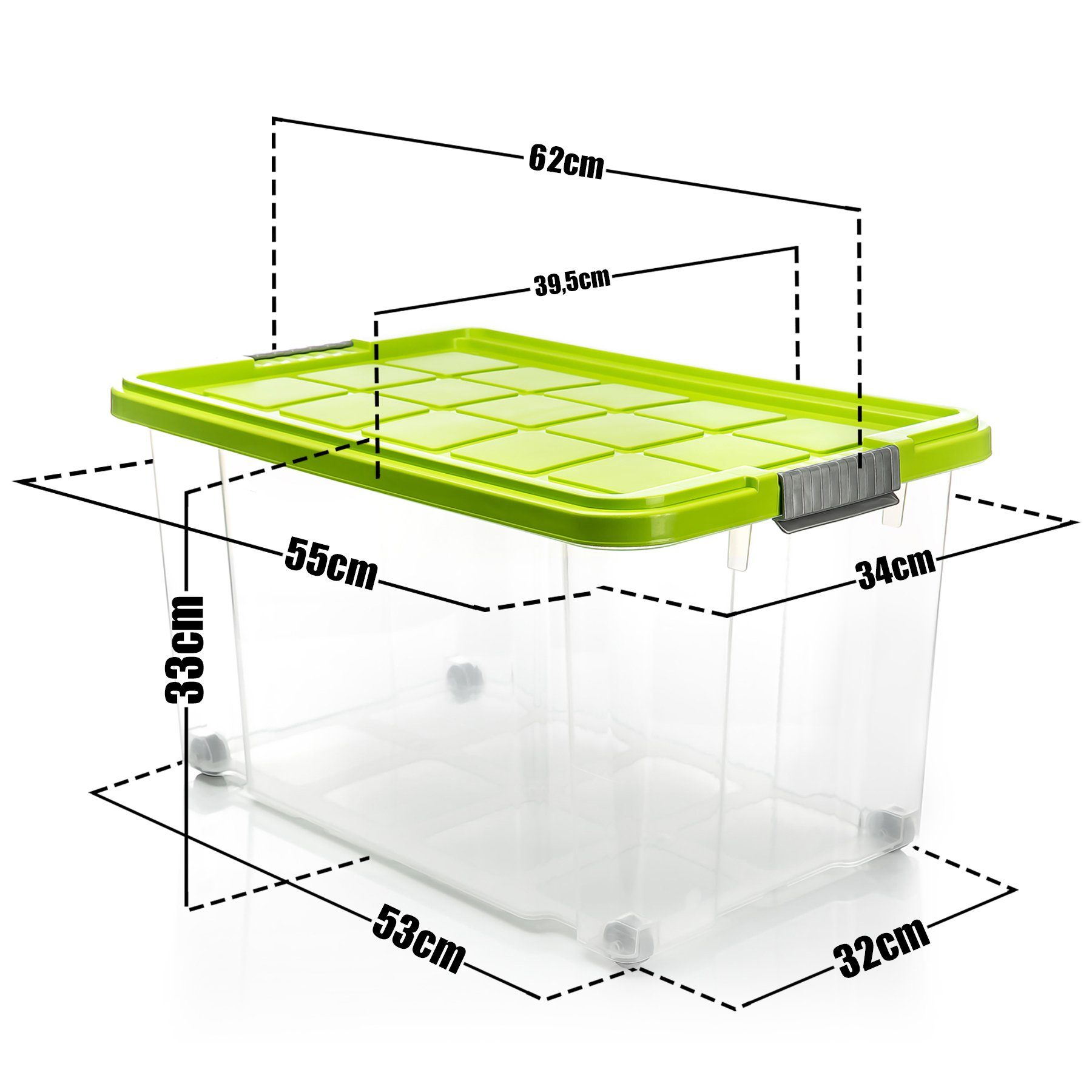 BigDean Aufbewahrungsbox 60 L mit Deckel groß – robuste Stapelbox rollbar mit Klickverschlüssen (Set, 2 St., Aufbewahrungsbox + Deckel + Rollen), Sicher Stapelbar, Platzsparend, Transparent, Rollen, Klickverschlüsse