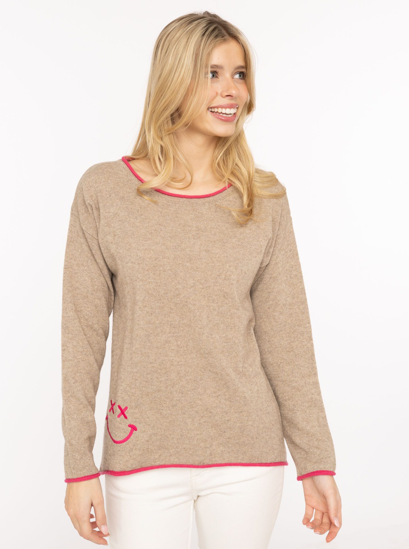 Zwillingsherz Rundhalspullover "Happy Face" Stickerei, aufgerollte kontrastfarbige Bündchen