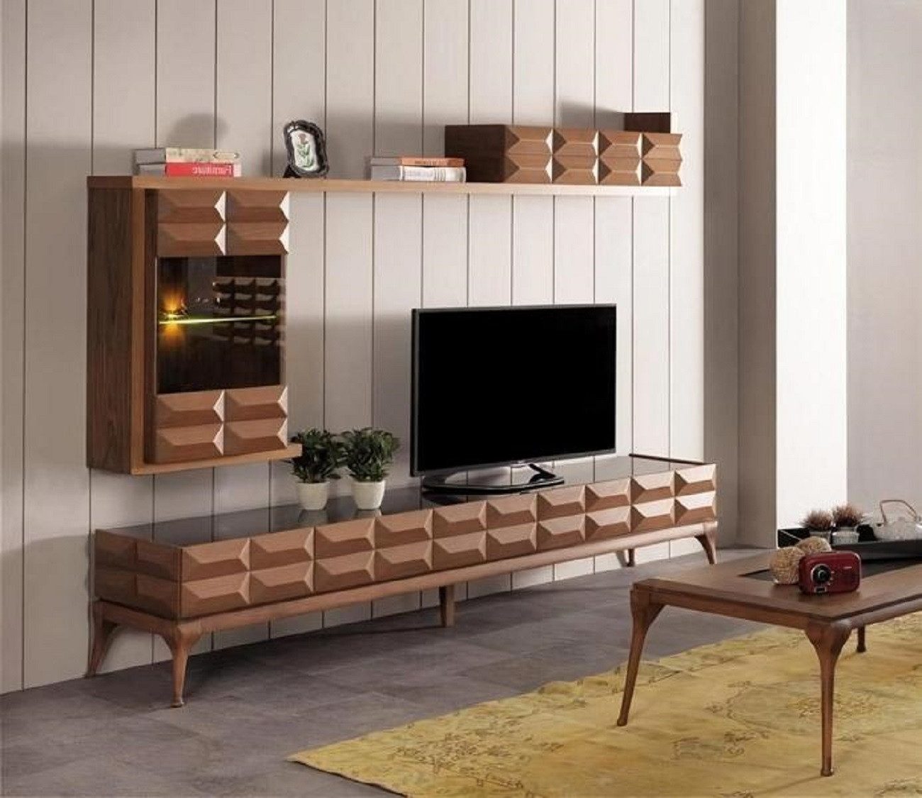 JVmoebel Wohnwand Elegantes Sideboard mit LED-Beleuchtung und Hochglanz-Finish, (2-St., Sideboard + Wandschrank), Made in Europa