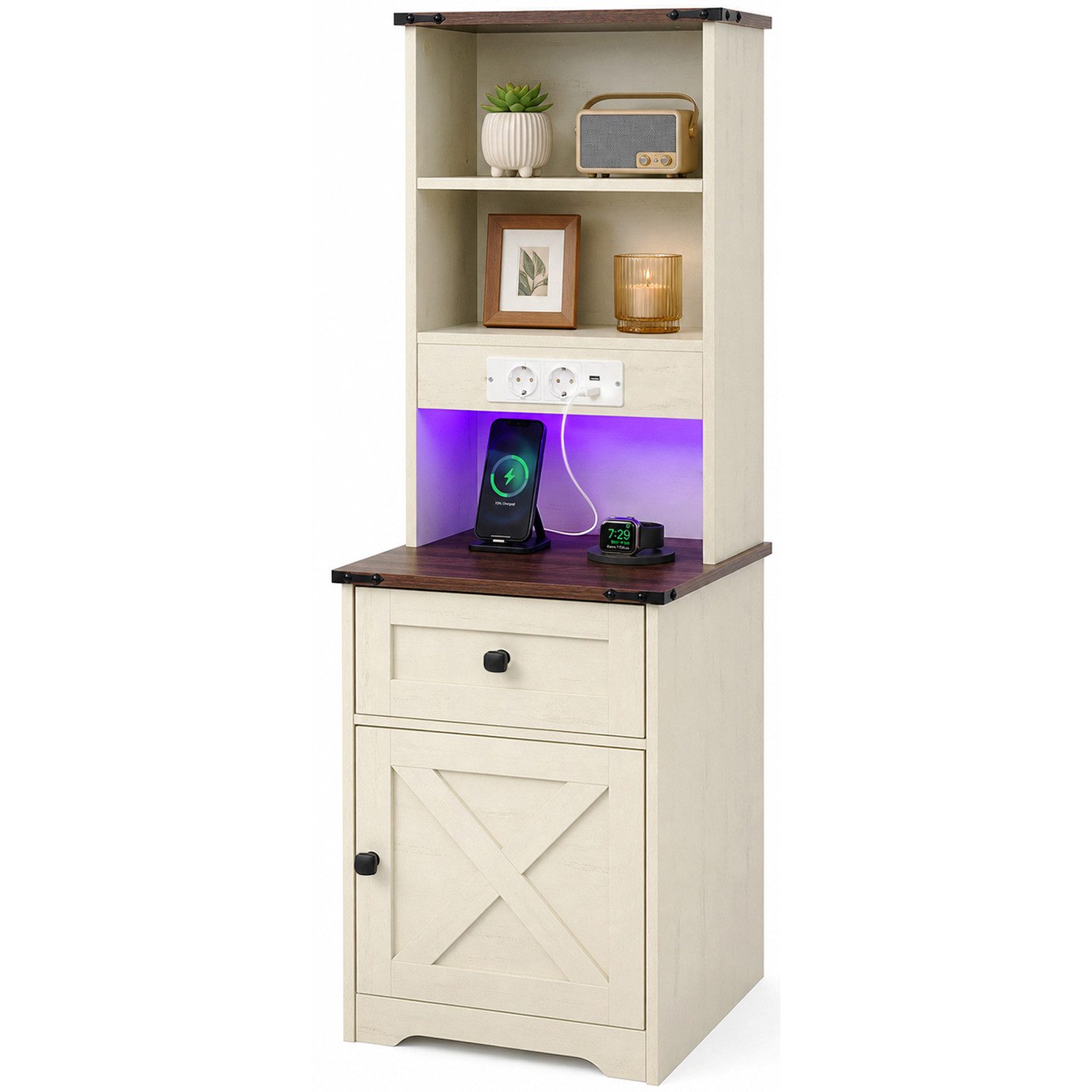 Patbrela Nachttisch mit Regal, Steckdosenleiste & RGB-LED, 45 × 45 × 130 cm, mit Schublade und Schrank, Farmhouse-Stil