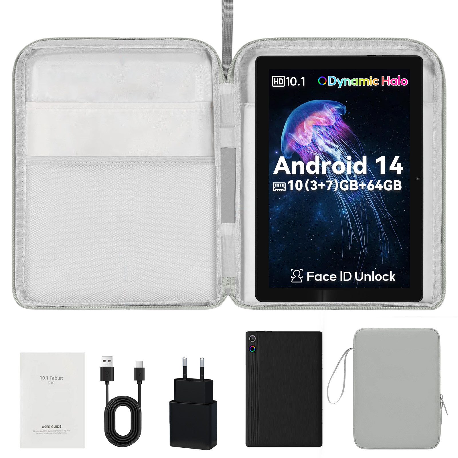 BUFO Android 14 10 Zoll 10GB RAM+64GB, 1280x800 HD IPS, WiFi 6, mit Tasche Tablet (10", 64 GB, Android 14, 2,4G/5G WiFi, Gesichtsentsperrung, 64GB ROM bis zu 1TB, mit Tasche)
