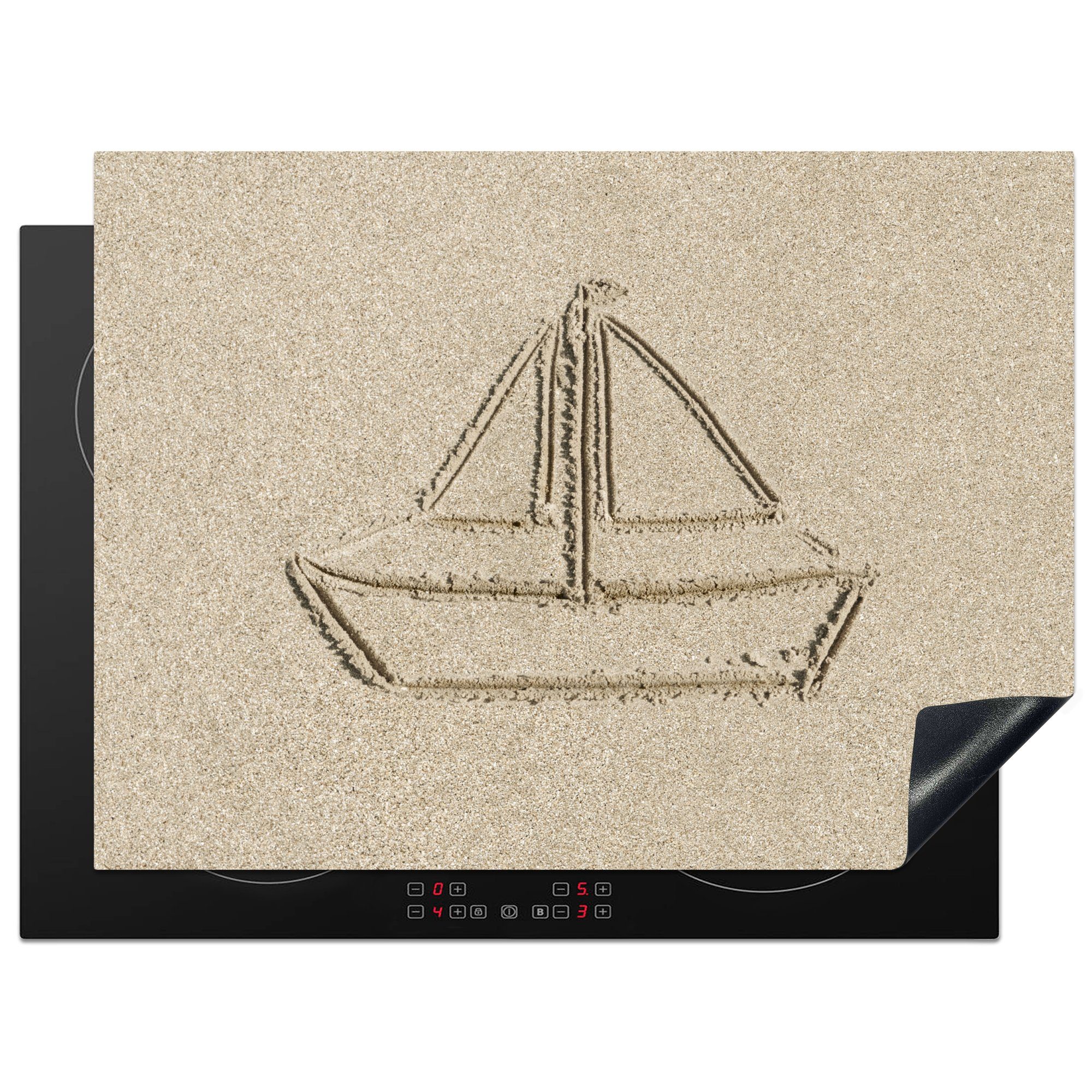 MuchoWow Herdblende-/Abdeckplatte Boot in Sand gezeichnet, Vinyl, (1 tlg), 70x52 cm, Mobile Arbeitsfläche nutzbar, Ceranfeldabdeckung