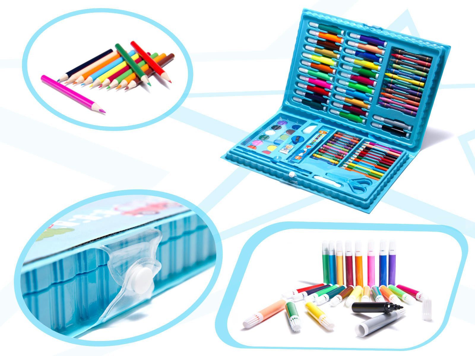 Ikonka Malstift Malset im Koffer 86-teilig für Kinder kreatives Zeichnen Malkoffer, (Kreatives Zeichen und Malset für Kinder mit Koffer und Malzubehör, 86-tlg., 86-teiliges Malkoffer-Set mit Stiften, Farben und Zubehör für Kinder), umfangreiches Malset im Koffer, übersichtliche Sortierung