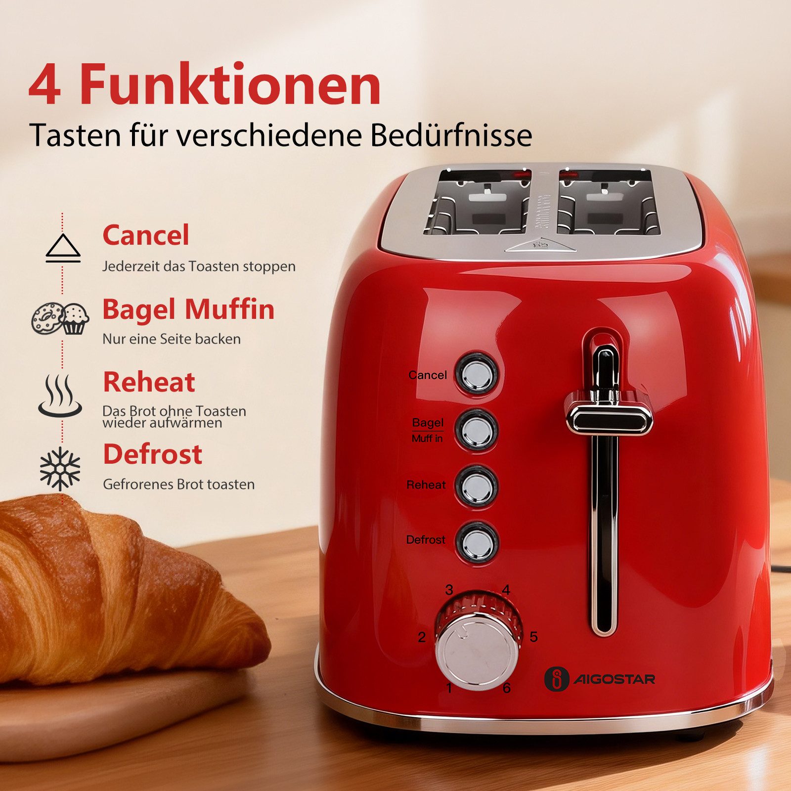 Aigostar Toaster Retro Edelstahl Toaster, 4 Funktionen, 6 Bräunungsstufen, 2 kurze Schlitze, für 2 Scheiben, 800 W, Extra Breite Toastschlitze, Liftfunktion