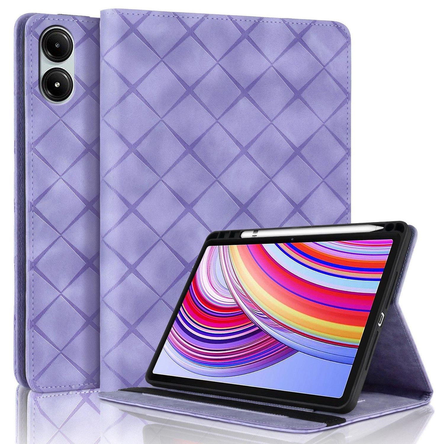 Wigento Tablet-Hülle Für Xiaomi Redmi Pad Pro 12.1 Rhombus Muster Kunstleder Tasche Lila, Faltbare Kunstleder Hülle mit Stifthalter und Standfunktion