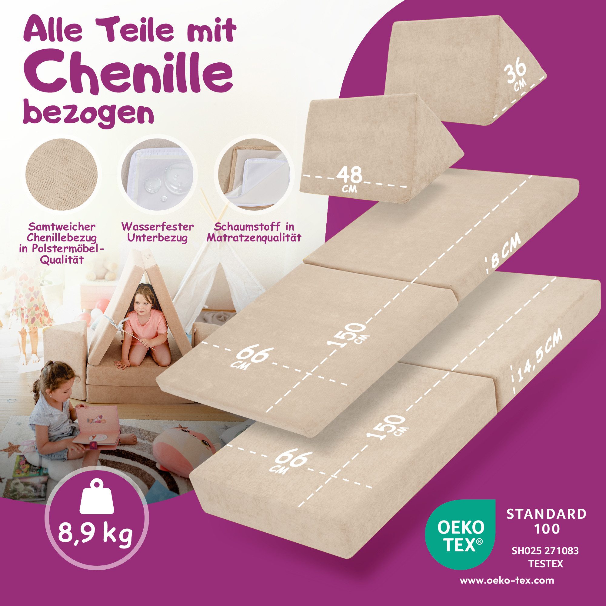 Linodino Kindersofa Spielsofa I aus Schaumstoff Bausteine I Spielcouch für Kinder, Wasserfeste Unterbezüge, Waschbare Chenille Bezüge 30° – Bild 5 von 5