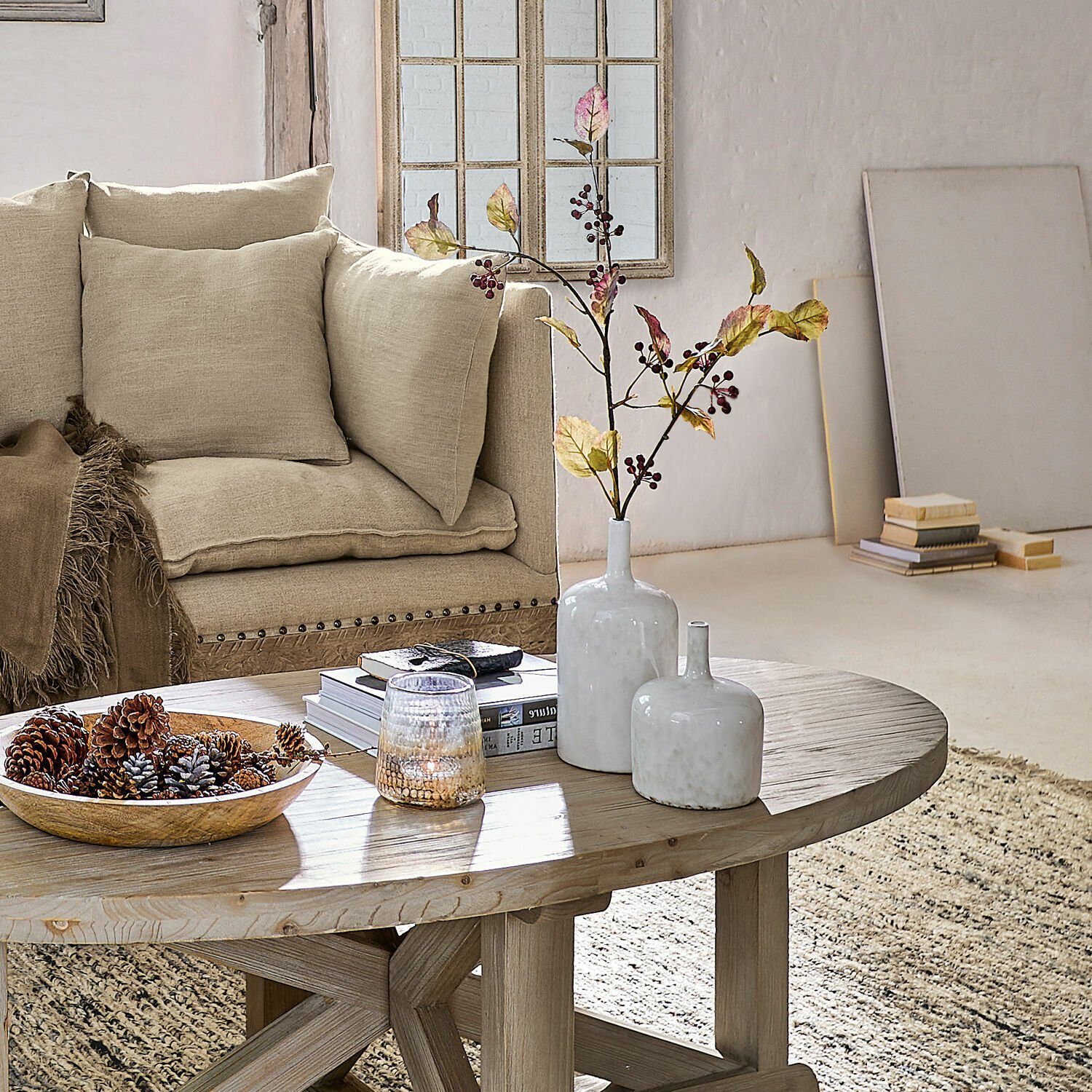 Mirabeau Tischvase, elegante Wohnzimmer Vasen in Creme aus Keramik handgefertigt (2er Set, handlasiert, individuelles Muster, inkl. 2 unterschiedliche Vasen), Vase1: H 24 cm, Ø 12 cm, ca. 1,8 l; Vase2: H 16 cm, Ø 12 cm, ca. 1,0 l