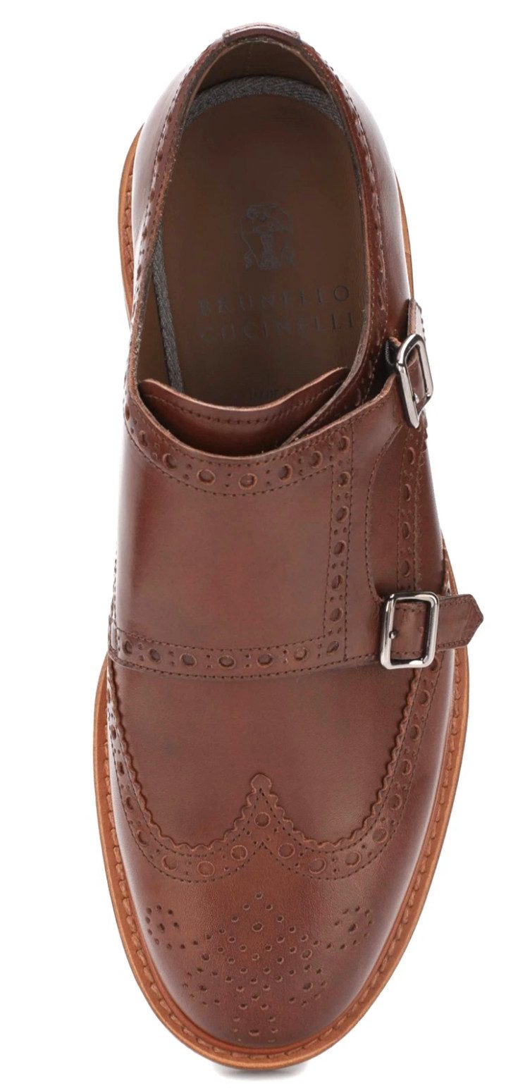 BRUNELLO CUCINELLI Double Monk Herrenschuhe Patina Brogue-Lochmuster Made in Italy Slipper Aufwendig von Hand poliert – mit Patina-Effekt