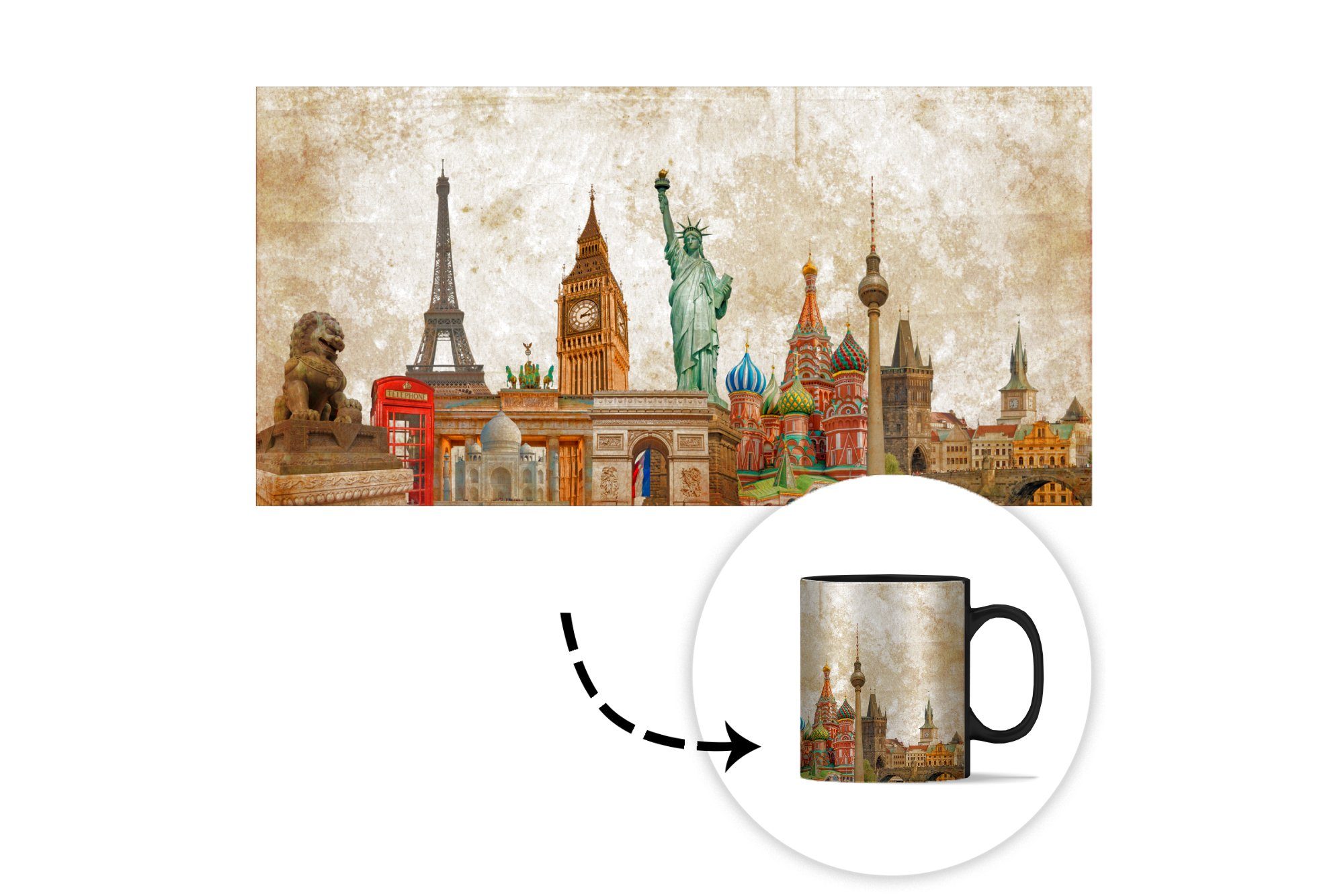 - Gebäude Tasse - Farbwechsel, Geschenk - Kaffeetassen, MuchoWow Teetasse, Keramik, Amerika Zaubertasse, Collage, Vintage