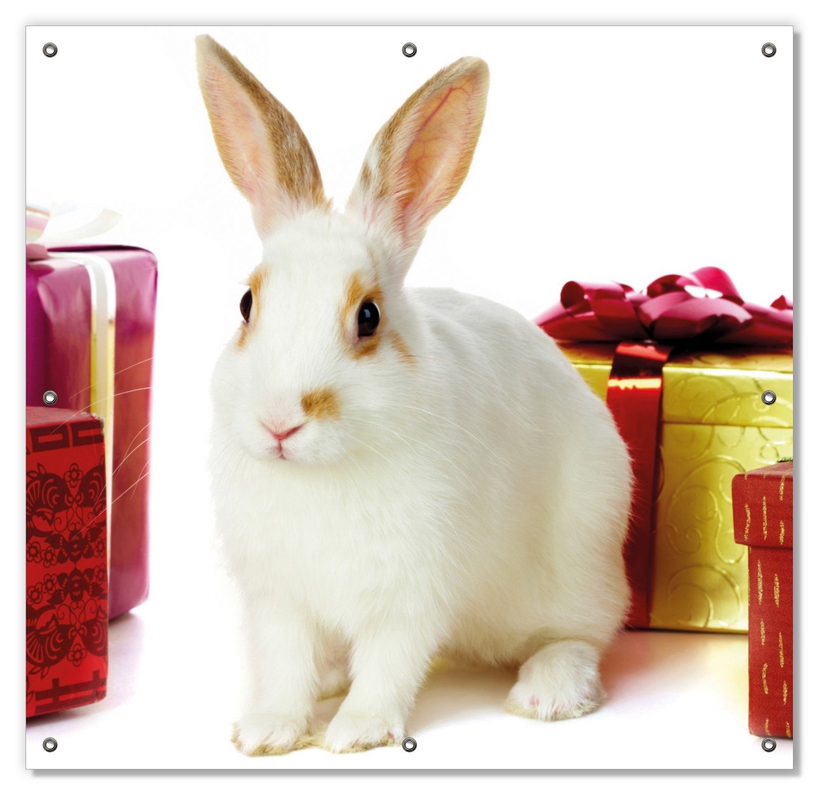 Sonnenschutz Süßes Kaninchen mit bunten Geschenken, Wallario, blickdicht, mit Saugnäpfen, wiederablösbar und wiederverwendbar