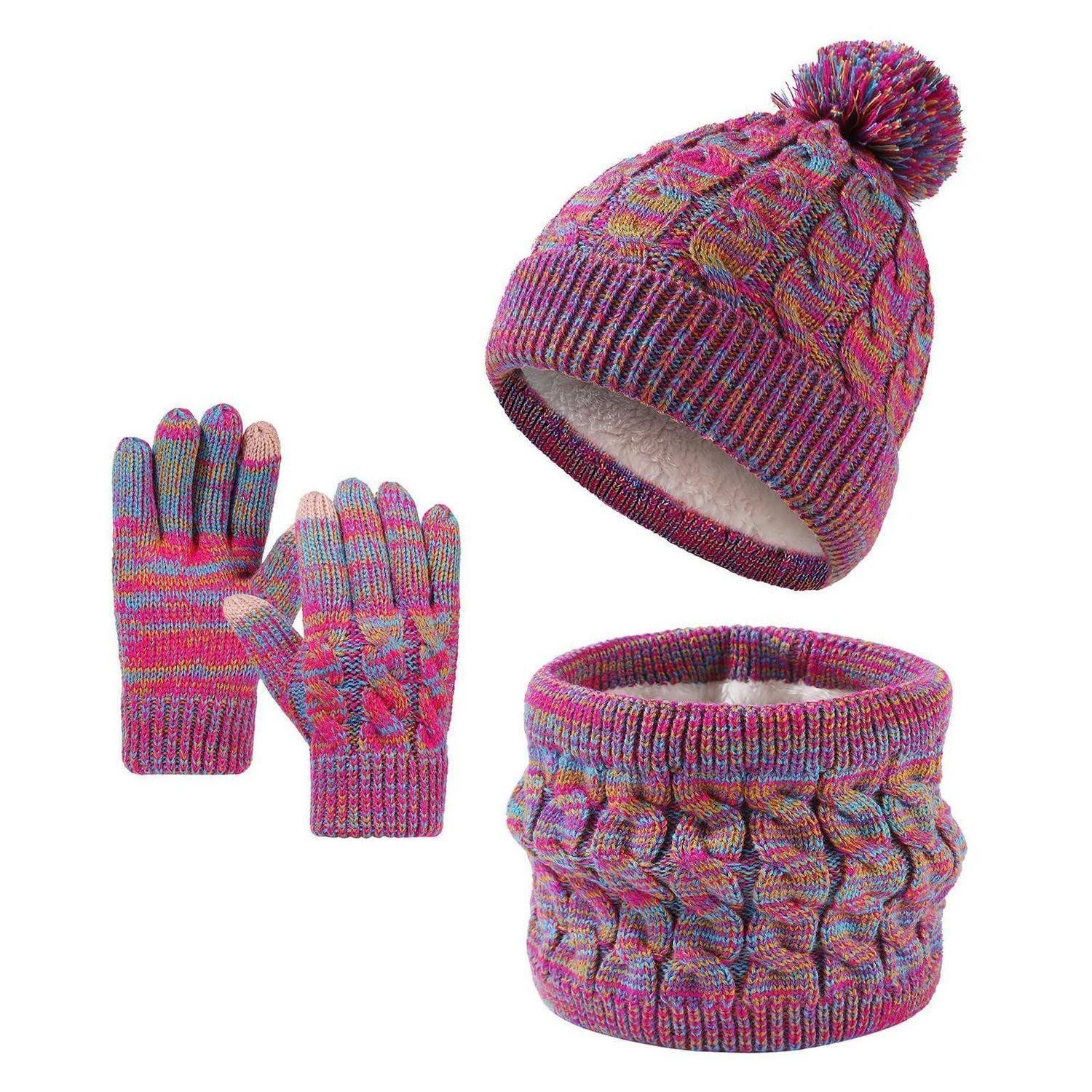 LuxusKollektion Strickschal Kinder Mützen Schal Handschuhe Set mit Pompom
