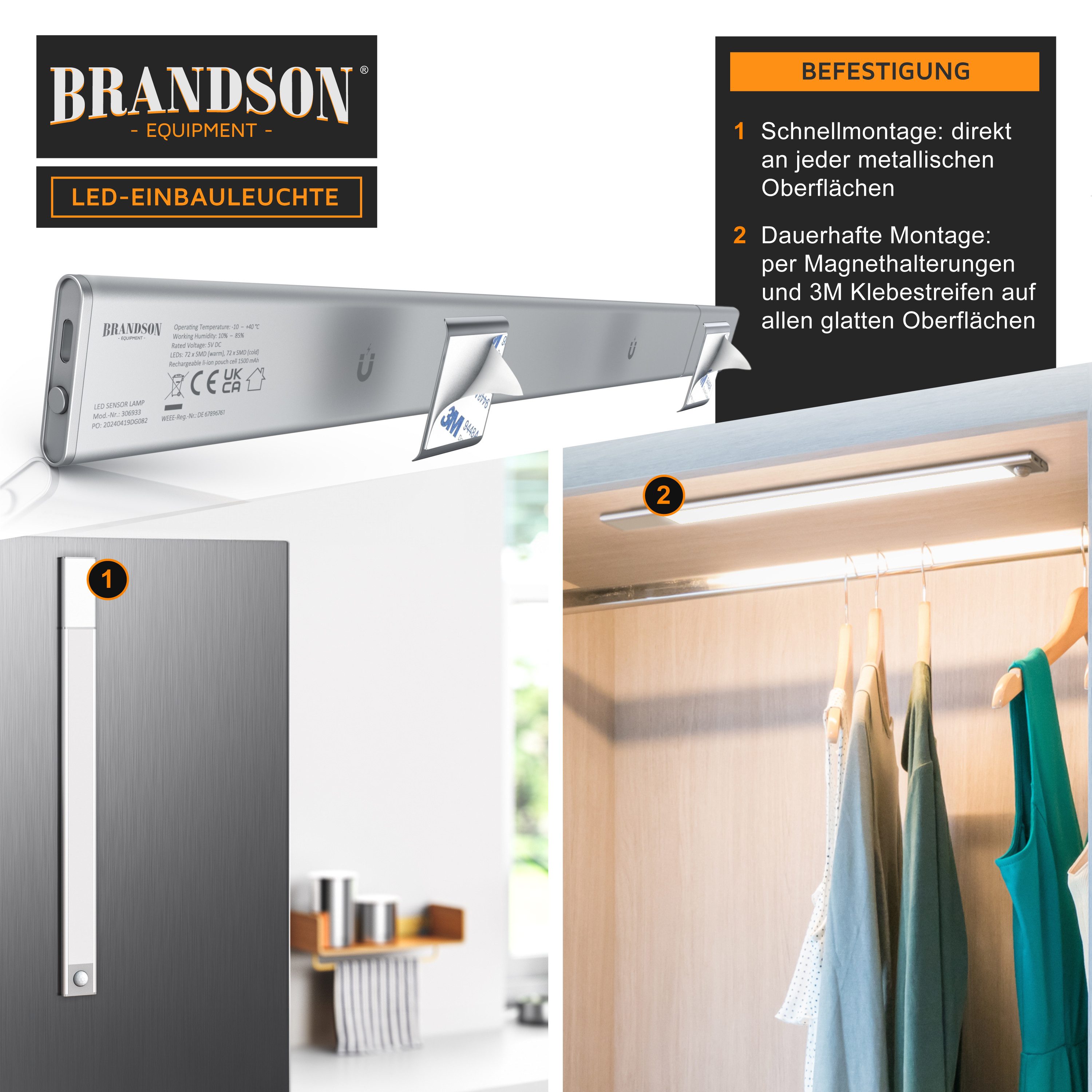 Brandson Unterschrankleuchte Nachtlicht mit Bewegungsmelder digital, Unterbauleuchte, 1500 mAh Akku, LED fest verbaut, warmweiß, Neutralweiß, Kaltweiß, abnehmba – Bild 3 von 5