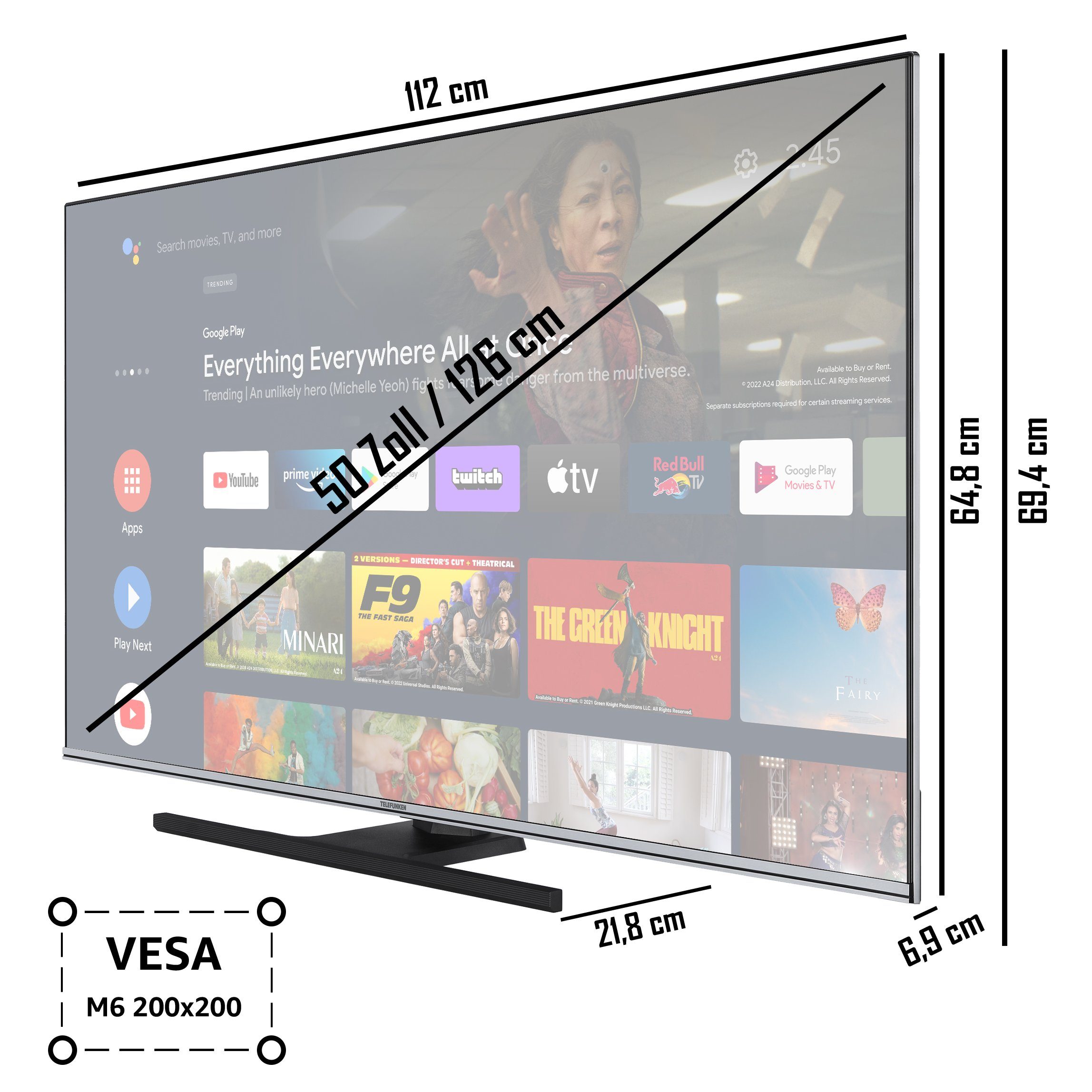 Dolby Vision, Android TV, HD, cm/50 Bluetooth, Telefunken Ultra (126 Dolby TV, Smart Atmos) QLED-Fernseher HDR Triple-Tuner, QU50AN900M Zoll, 4K