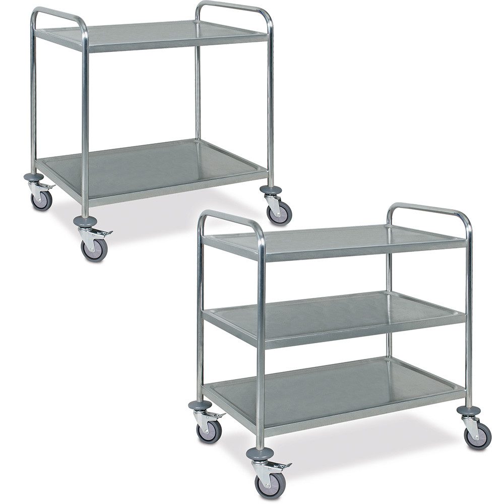 BRB-Lagertechnik Servierwagen 2 Servierwagen/Etagenwagen aus Edelstahl, 1x 2 Etagen, 1x 3 Etagen, Antidröhnbelag für angenehmes, ruhiges Beladen und Fahren