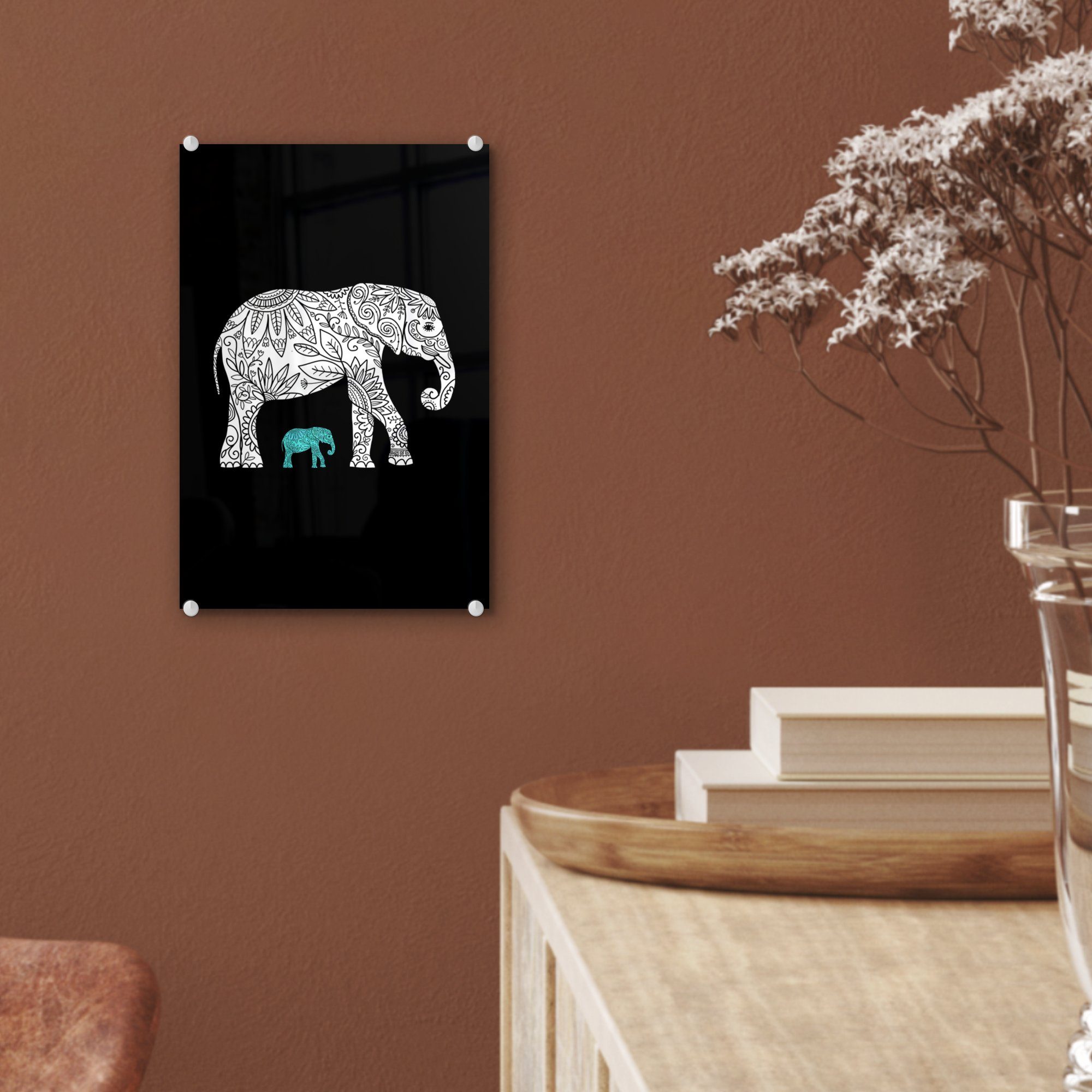 - Wanddekoration - Glasbilder Bilder Acrylglasbild - St), MuchoWow - Schwarz, auf Muster Wandbild Elefant Glas Foto - (1 Glas auf