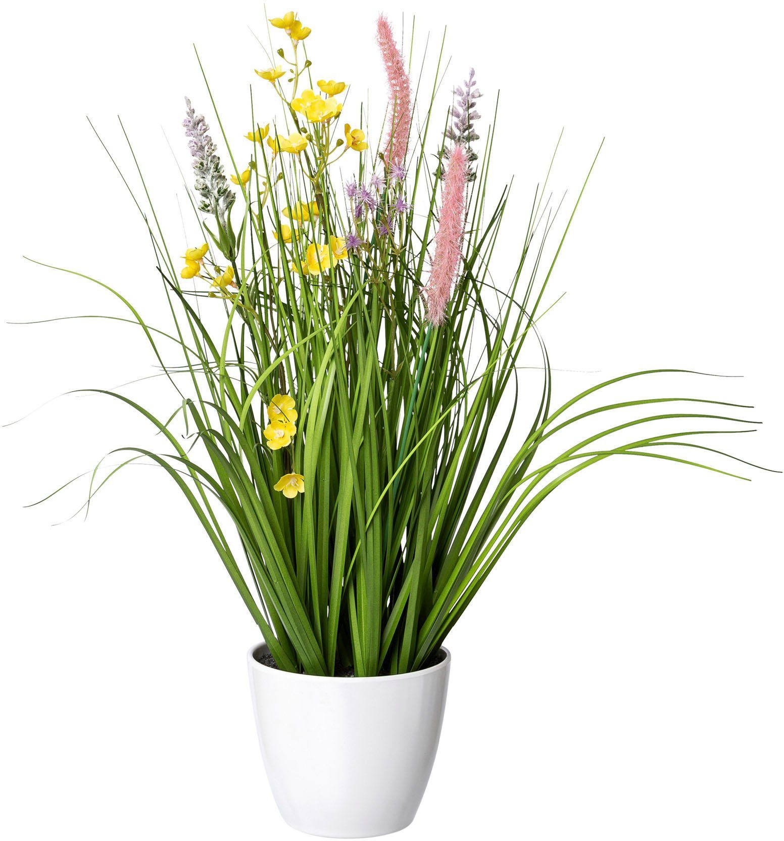 Kunstgras Blüten-Gras-Mix, Creativ green, Höhe 46 cm, in weißer Kunststoffschale
