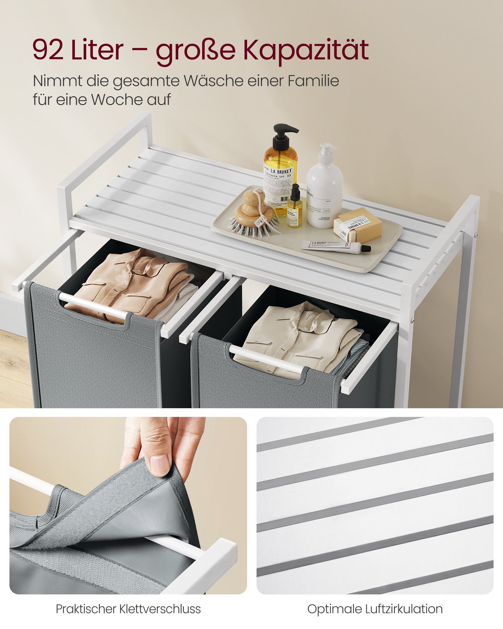 VASAGLE Wäschekorb 2 Wäschesäcke aus Oxford-Gewebe, abnehmbar, 2 Wäschesäcke aus Oxford-Gewebe, abnehmbar, 2 x 46 L – Bild 4 von 5