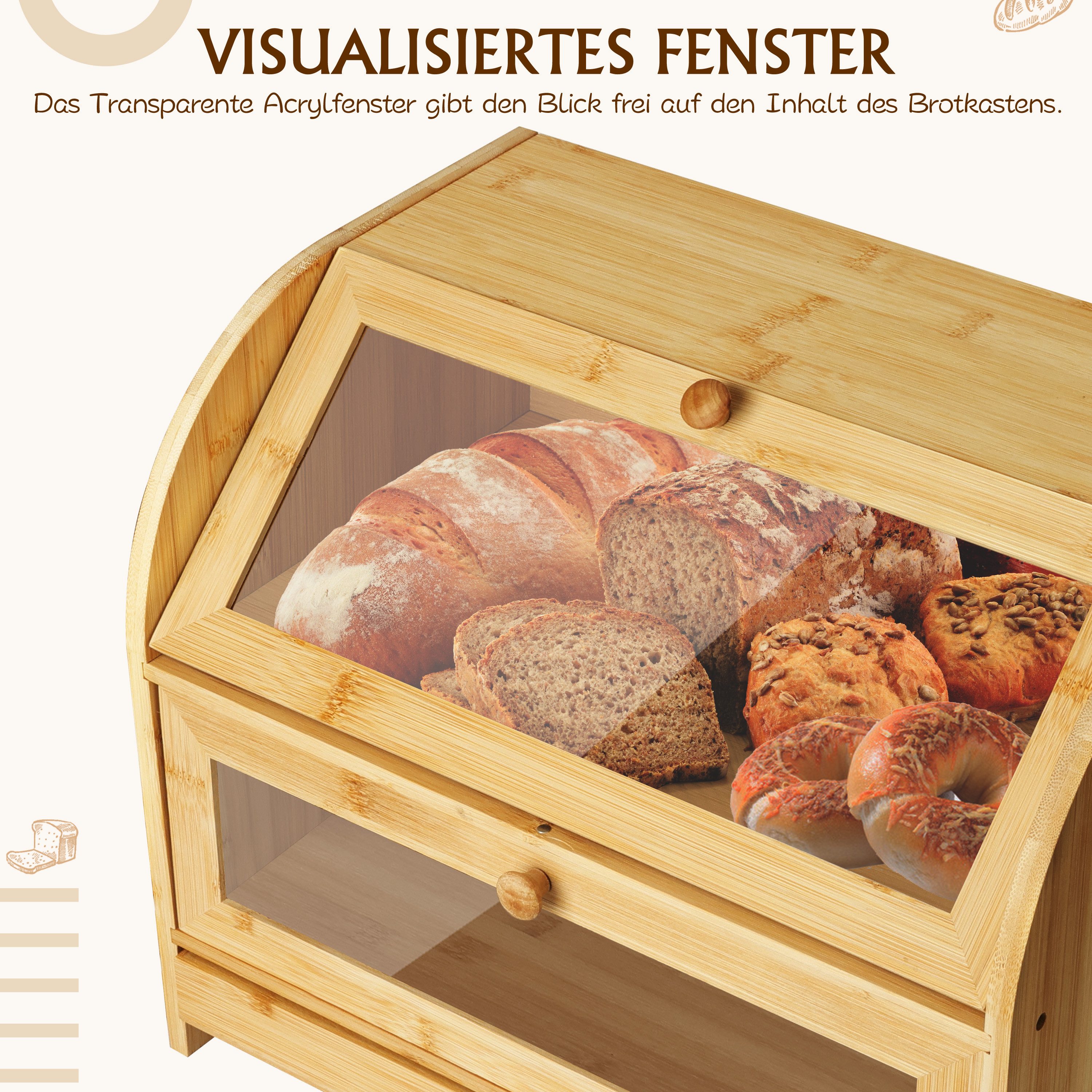 Ribelli Brotkasten Brotkasten, bambus, 2 Etagen + Schublade, Bambus, für Küche