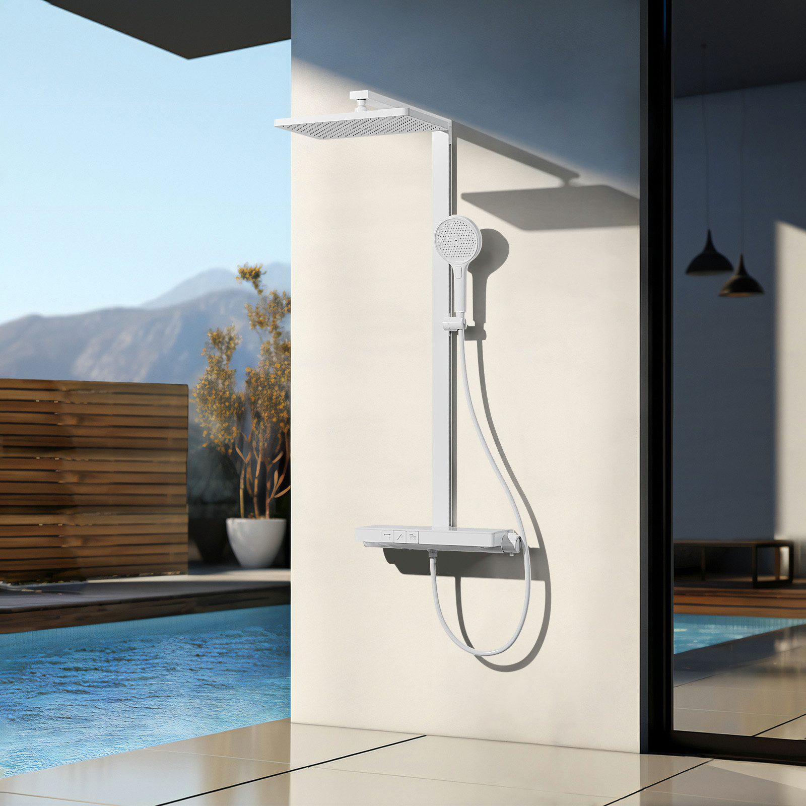 EMKE Duschsystem mit 40cm Glas Thermostat Ablage Home Duschstange aus Messing Set, Höhe 110 cm, 4 Strahlart(en), Set, Brauseschlauch,Thermostat mit Brausegarnitur und Kopfbrause, Regendusche mit Handbrause und 1,5 m Schlauch DuschsäuleSet