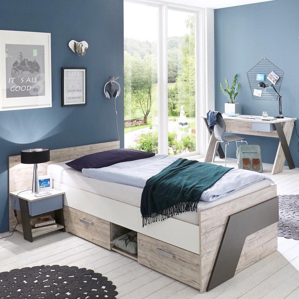 Lomadox Jugendzimmer-Set LEEDS-10, (Sparset, 3-tlg), Sandeiche Nb. mit weiß Lava und Denim Blau