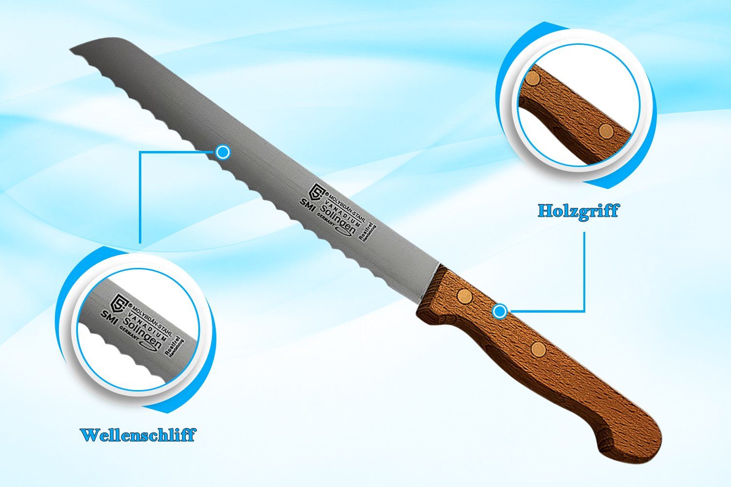 SMI Brotmesser Solingen Brotmesser 20 cm Wellenschliff Brötchenmesser Buchenholz
