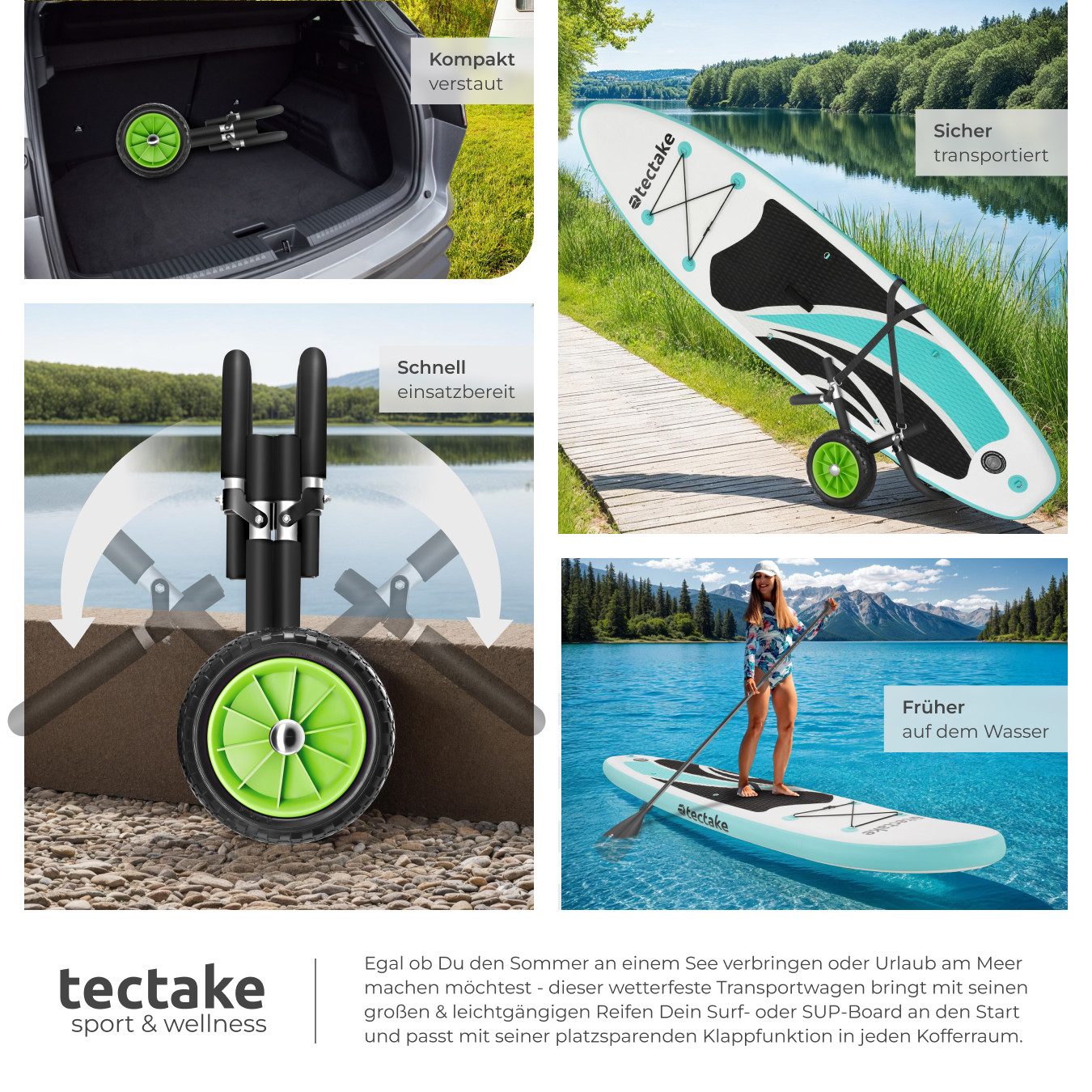 tectake SUP-Transportwagen Surfboard Transportwagen klappbar, 42 x 70 x 48,5 cm, (Paddel Board Transportwagen WaveWheel, inkl. 2 Sicherungsgurte in schwarz/grün – Bild 4 von 5