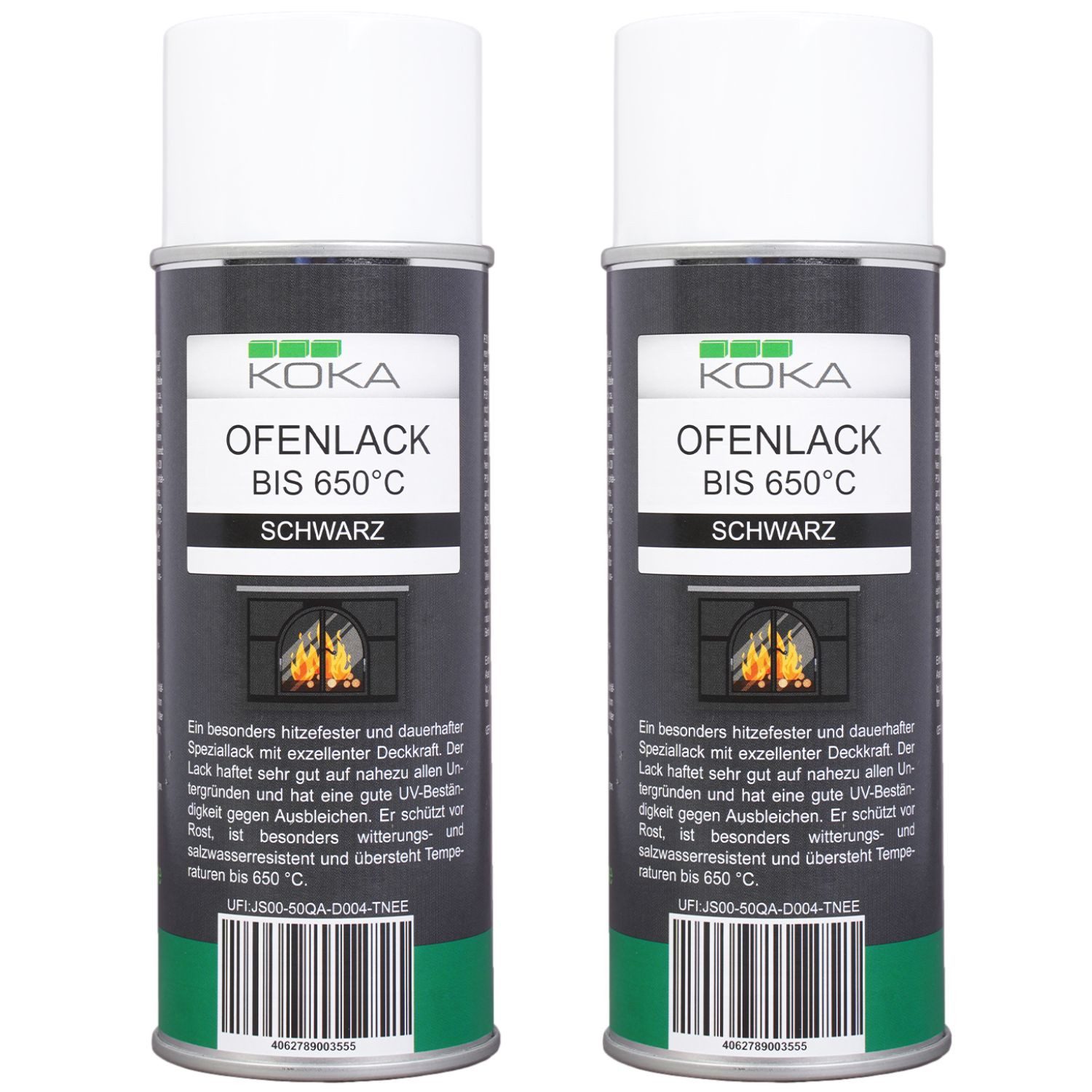 KOKA Sprühlack 2x Ofenlack 650°C Ofen-Farbe Schwarz Matt, Thermolack Lack-Spray Hitzebeständig für Öfen Kamin Grill Schornstein