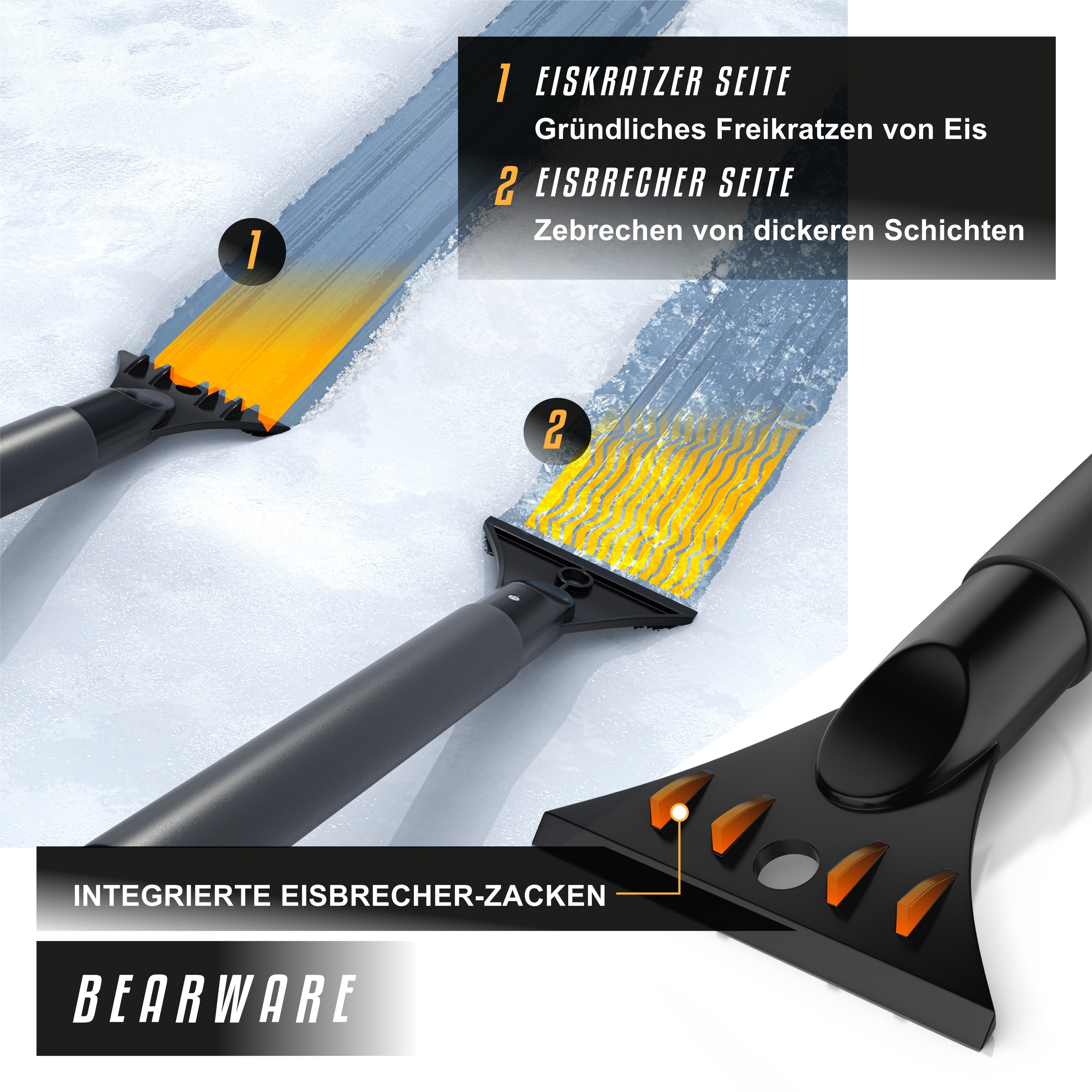 BEARWARE Ice Scraper with Snow Brush for Car, Motorhome & Truck made of shatterproof ABS, gentle 2-in-1 scraper & snow brush, 50cm long with ice breaker teeth
