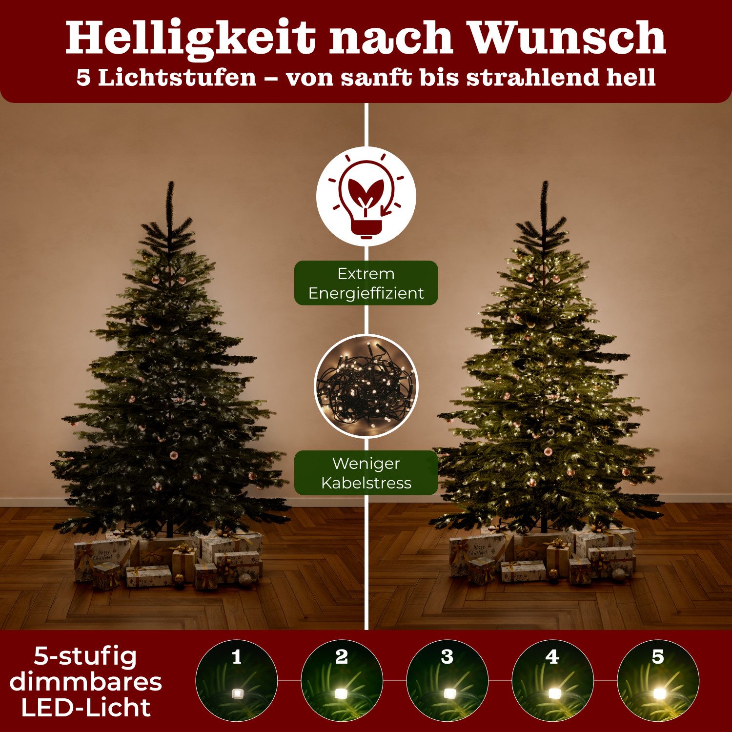 BoomDing Künstlicher Weihnachtsbaum Tannenbaum Weihnachtsbaum mit LED - 180, 210, 240 cm Höhe, Christbaum mit Metallständer und wünderschöner LED Beleuchtung