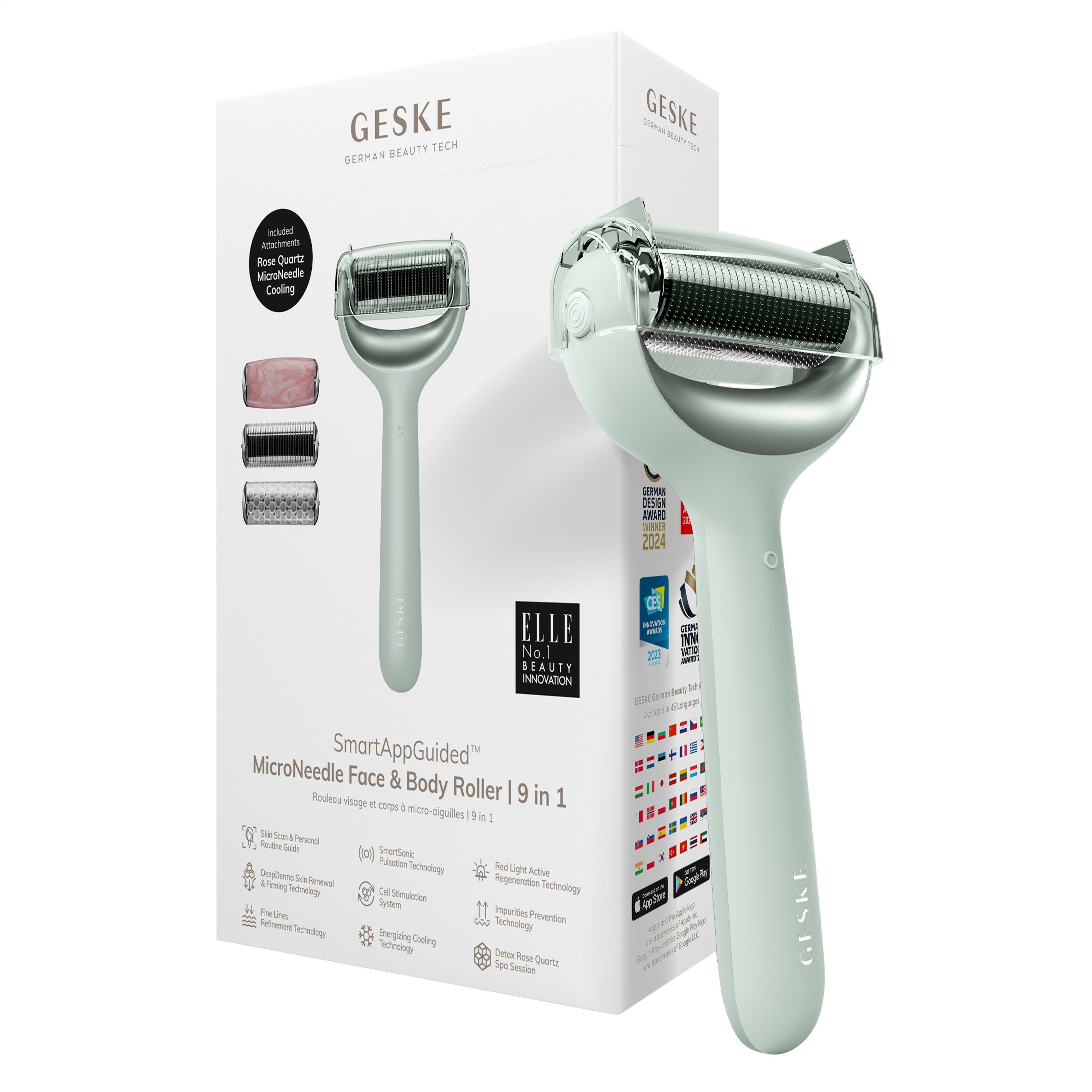 GESKE German Beauty Tech Micro-Needling SmartAppGuided™ MicroNeedle Face & Body Roller 9 in 1, Packung (Gerät & USB-Ladekabel), 5-tlg., Gerät inkl. kostenloser APP (SmartAppGuided Device), Mit der GESKE App erhältst Du deine personalisierte Hautpflegeroutine.