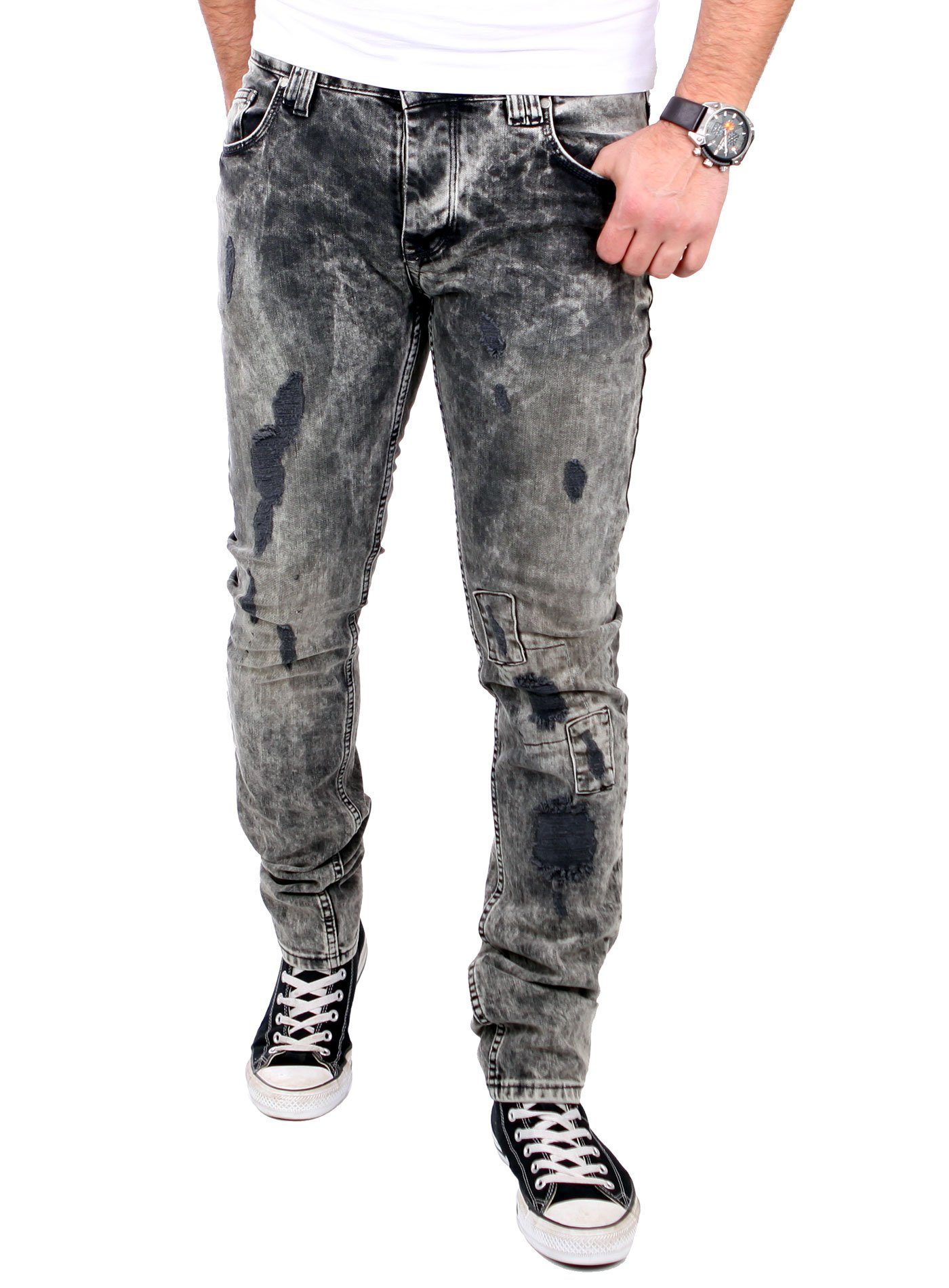 VSCT Destroyed-Jeans VSCT Jeans Herren Alec Slim Black Bleached Destroy Destroyed Männer-Hose Jeans Slim Fit