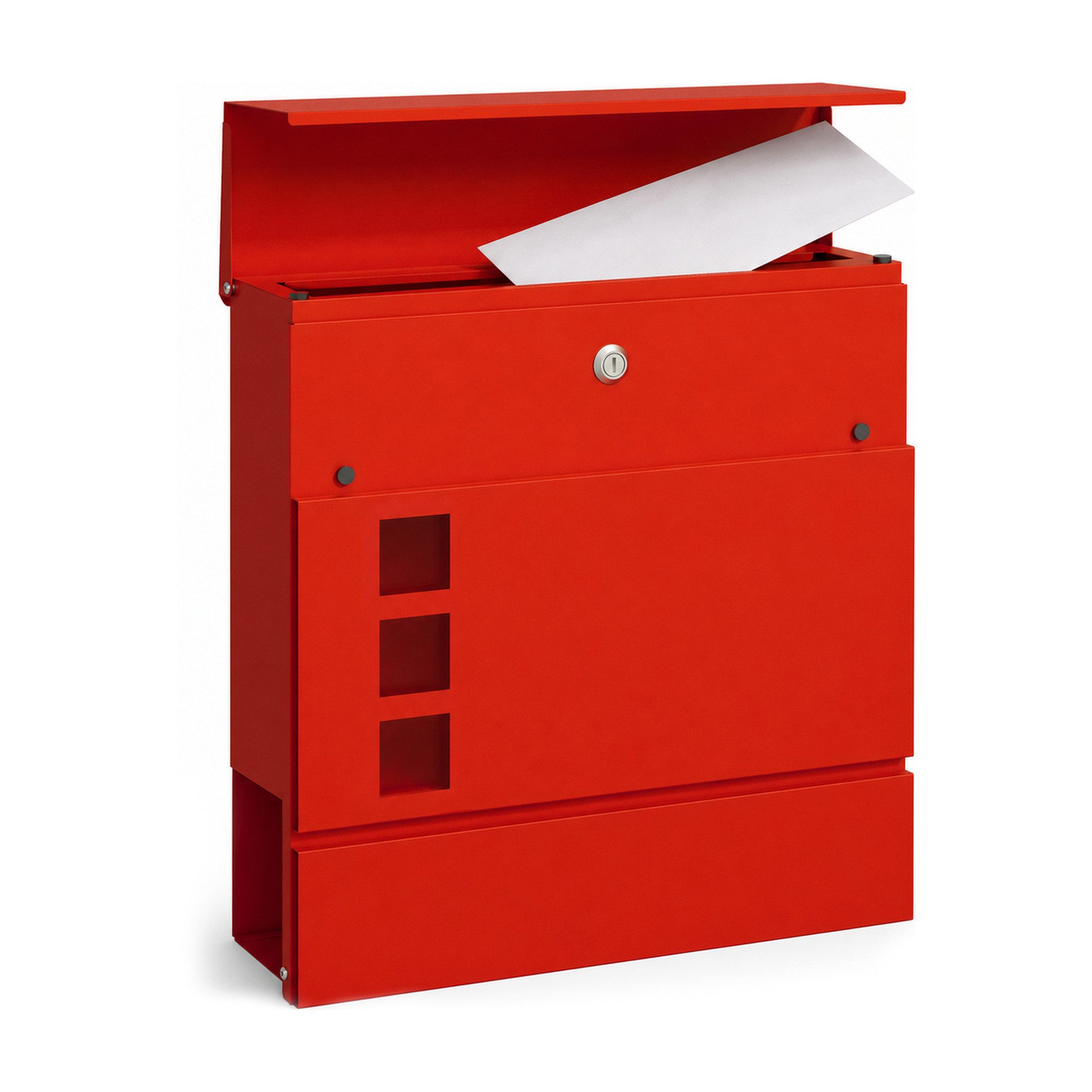 Kubus Briefkasten Theo aus Stahl mit Zeitungsfach & 3 Sichtfenstern in Rot, Geschütztes Zylinderschloss, 2 Schlüssel inklusive