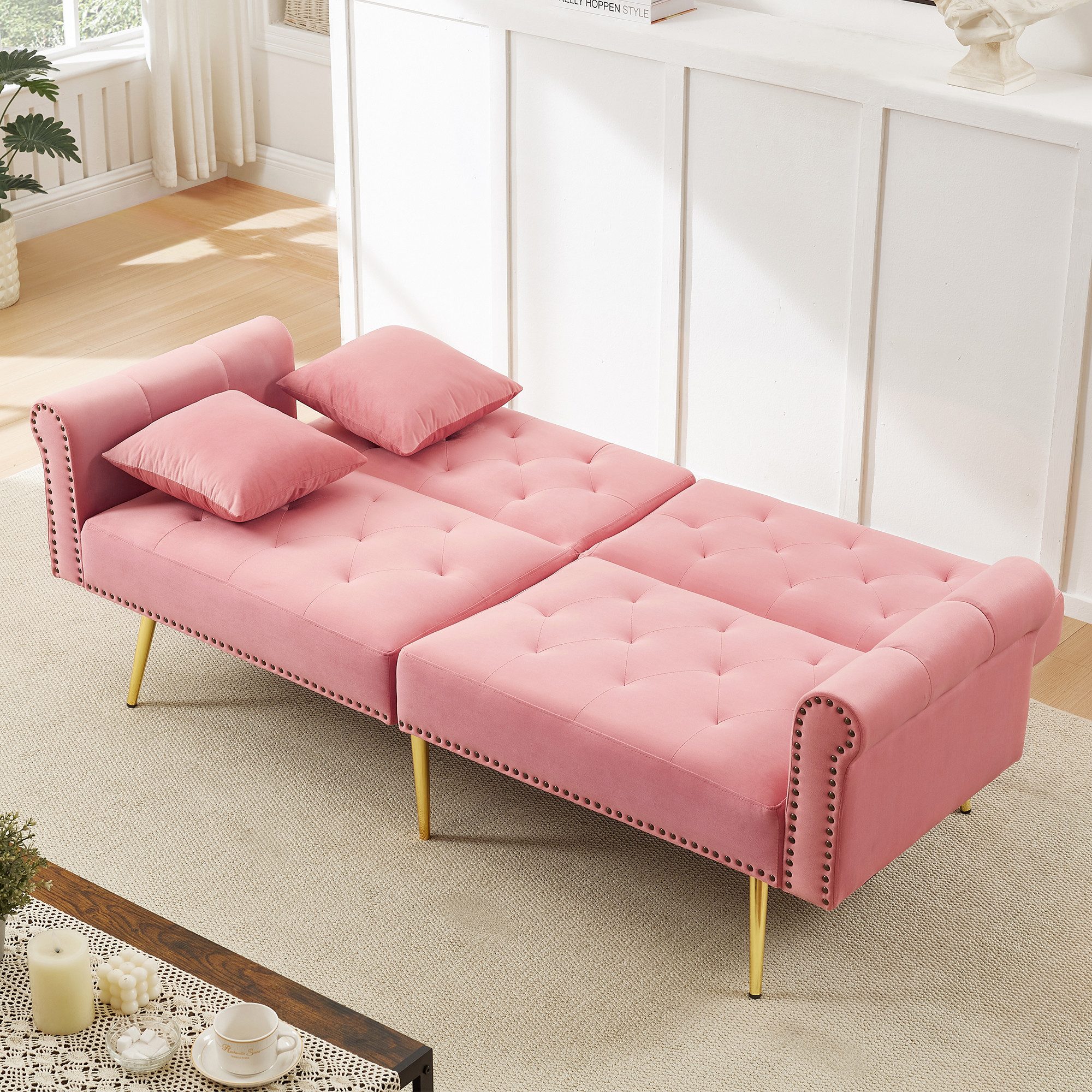 Merax Schlafsofa mit Bettfunktion, 1 Teile, 2-Sitzer-Sofa mit verstellbarer Rückenlehne & goldenen Metallfüßen