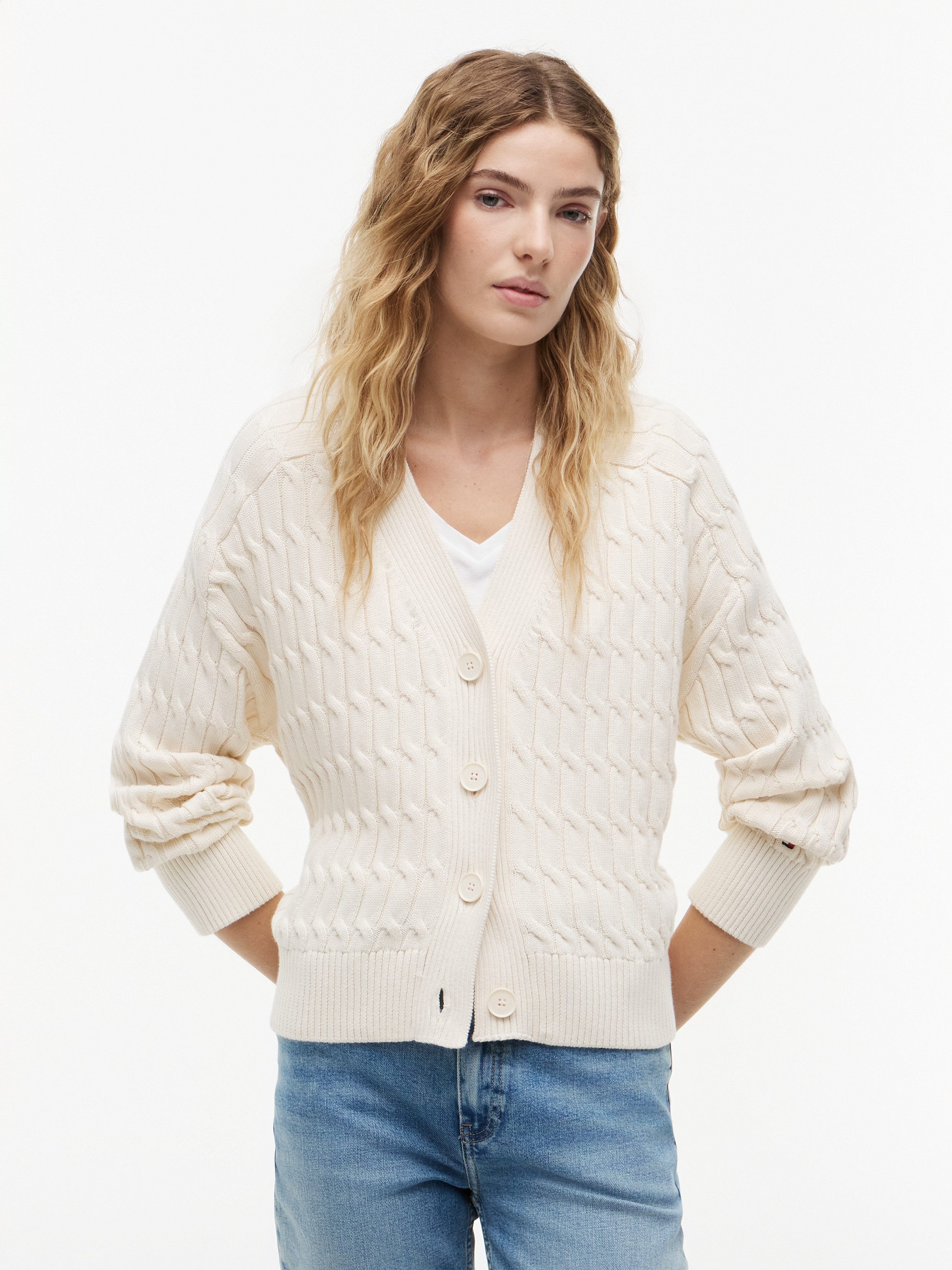 Tommy Hilfiger Strickjacke MID GG CABLE V-NK LS CARDI Baumwolle, mit Zopfstrickmuster