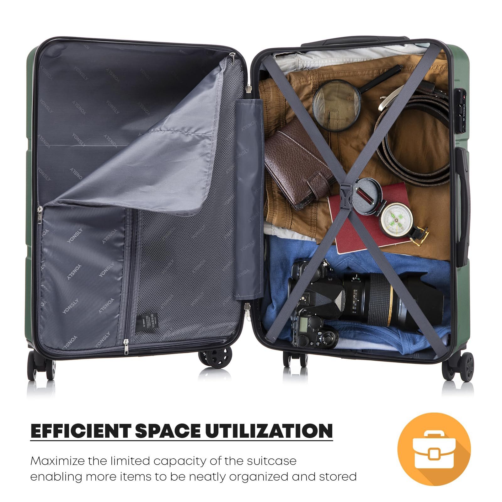 YONSLY Koffer Hartschalen-Reisekoffer Trolley Rollkoffer aus ABS und Aluminium, 4 Rollen, TSA-Schloss, YKK-Reißverschluss, austauschbare Rollen & Griffe