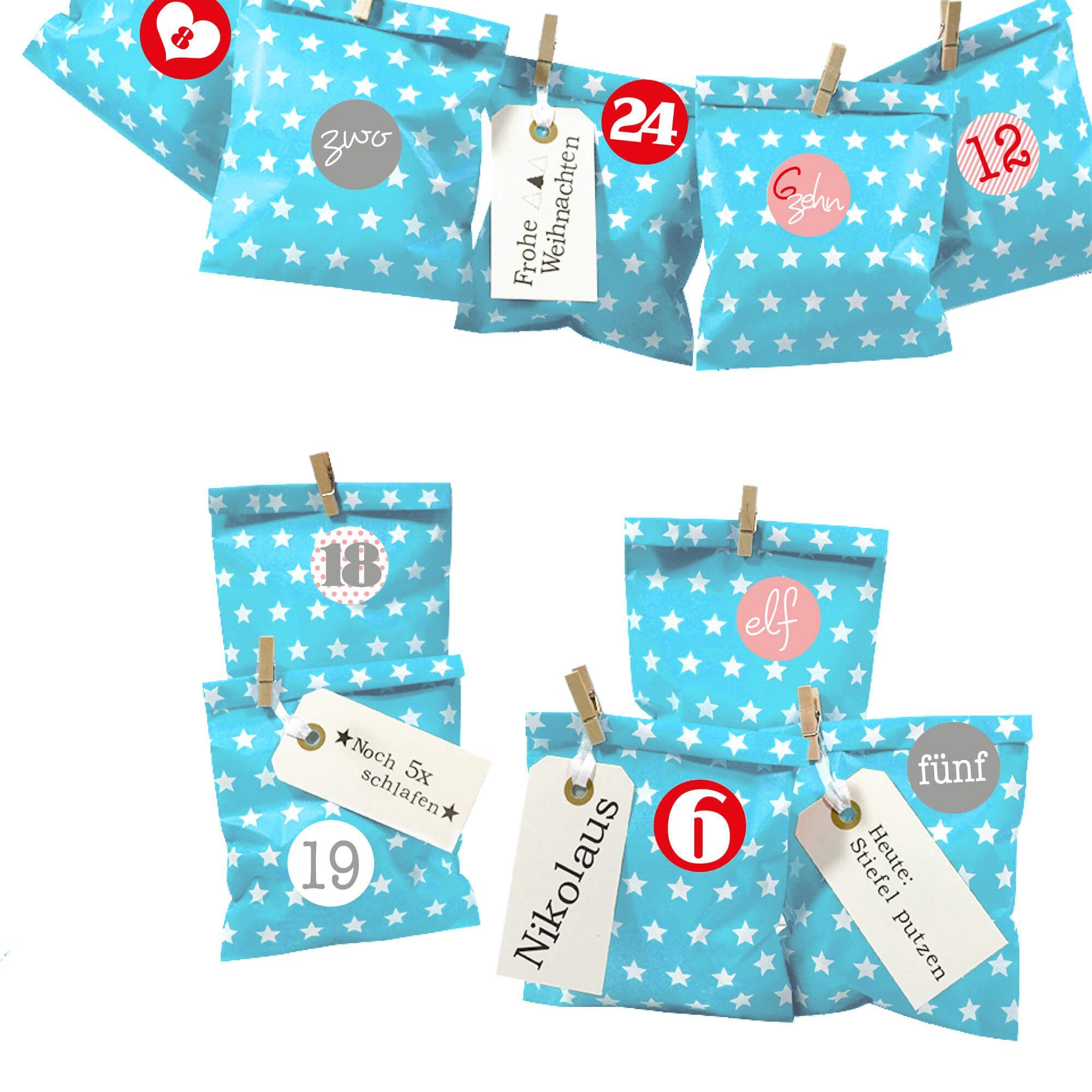 Frau WUNDERVoll befüllbarer Adventskalender Adventskalender Bescherung, beachblau Stern, Ziffern rosa-rot