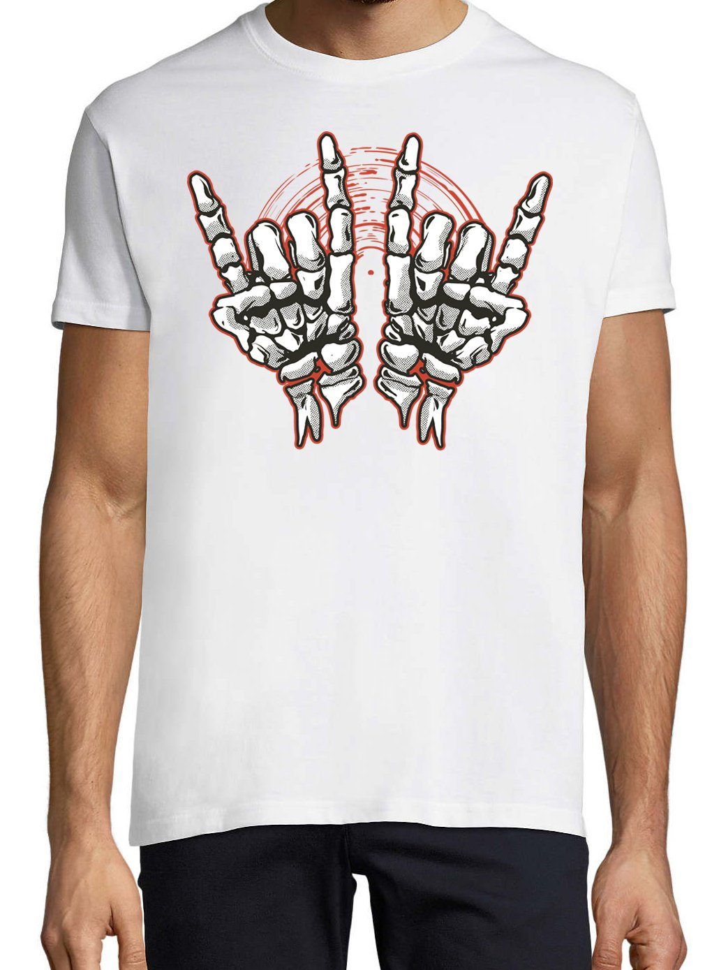 Rock'n'Roll Weiss Skelett Youth Frontdruck Horror Designz Hand T-Shirt Fun-Look Trendigem Herren im mit T-Shirt