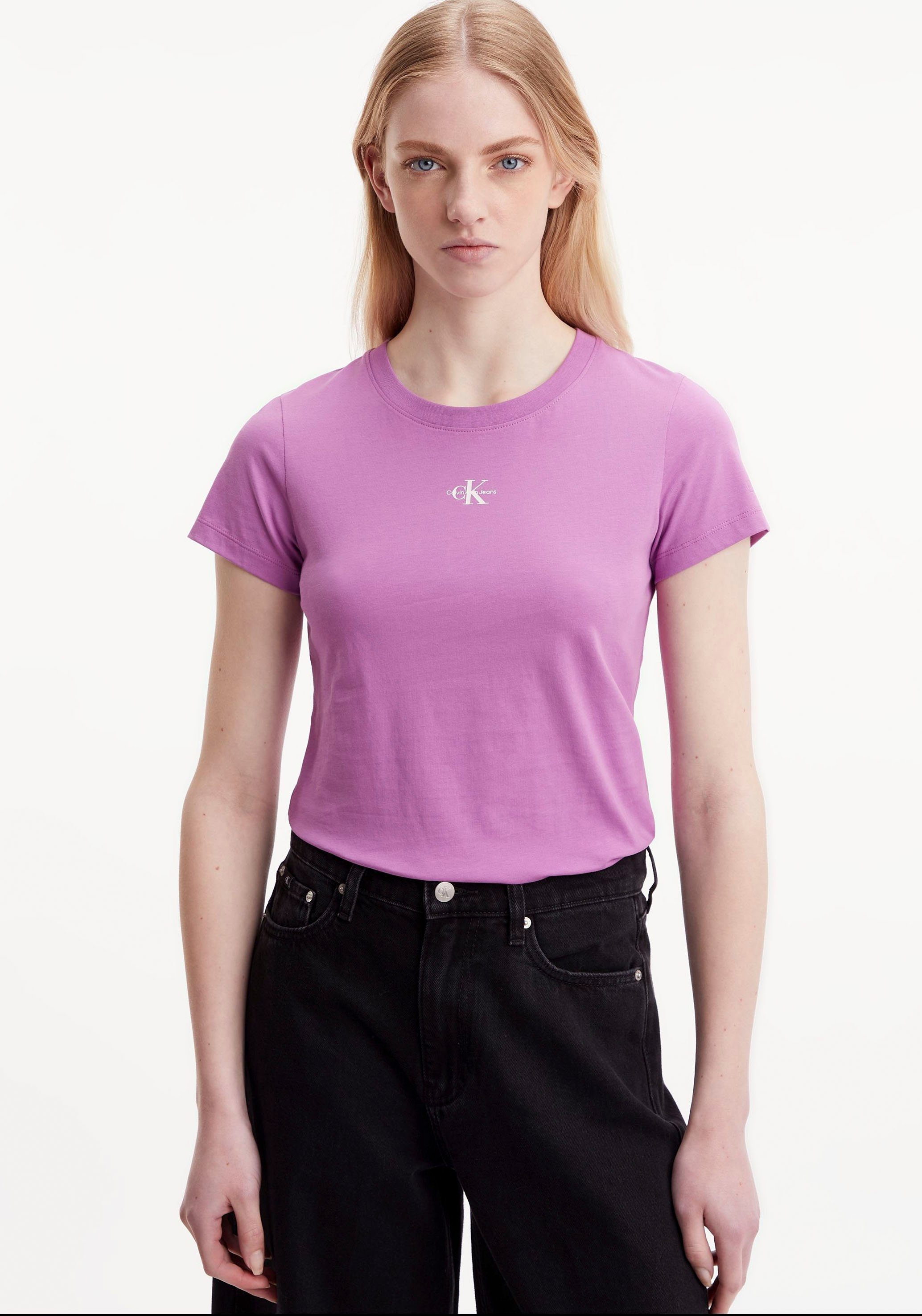 Rundhalsausschnitt T-Shirt MICRO Iris Calvin TEE Klein Orchid FIT MONOLOGO Jeans SLIM mit