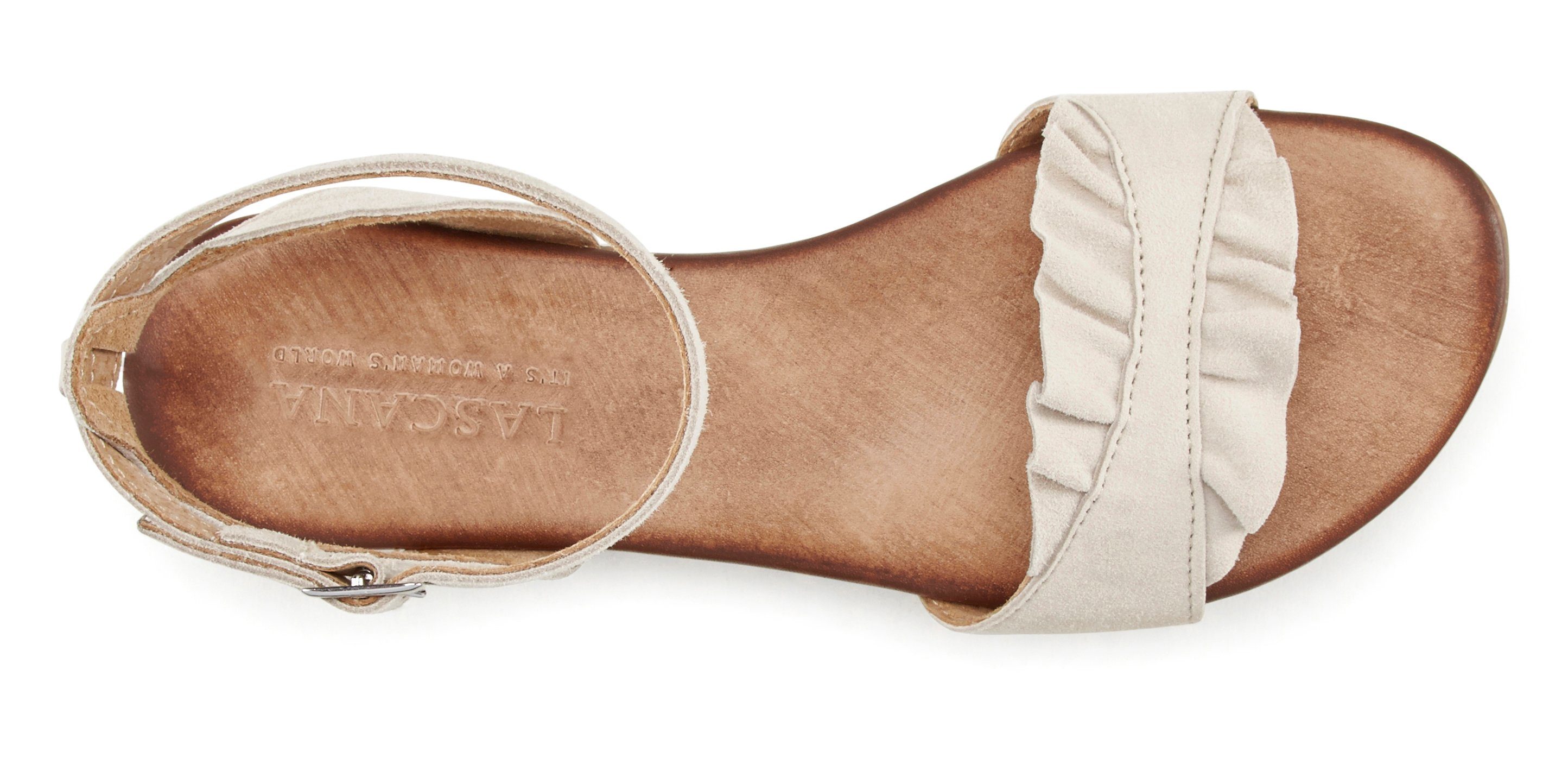 LASCANA offener Schuh, Sandale Sandalette, Sommerschuh aus hochwertigem Leder mit kleinen Rüschen