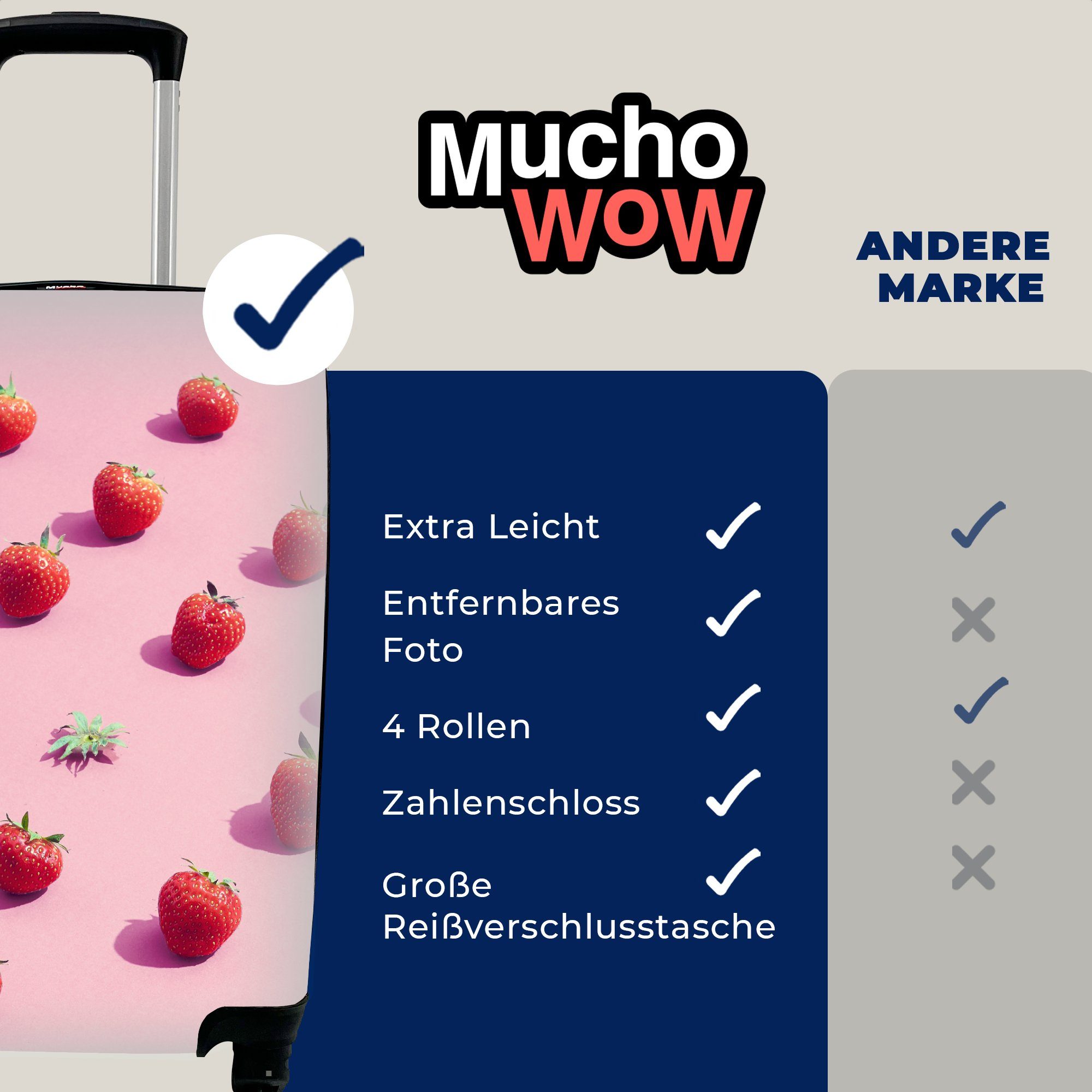 Rosa Ferien, Obst, für 4 Handgepäckkoffer Handgepäck mit rollen, Reisetasche Trolley, MuchoWow Rollen, - Reisekoffer - Erdbeere