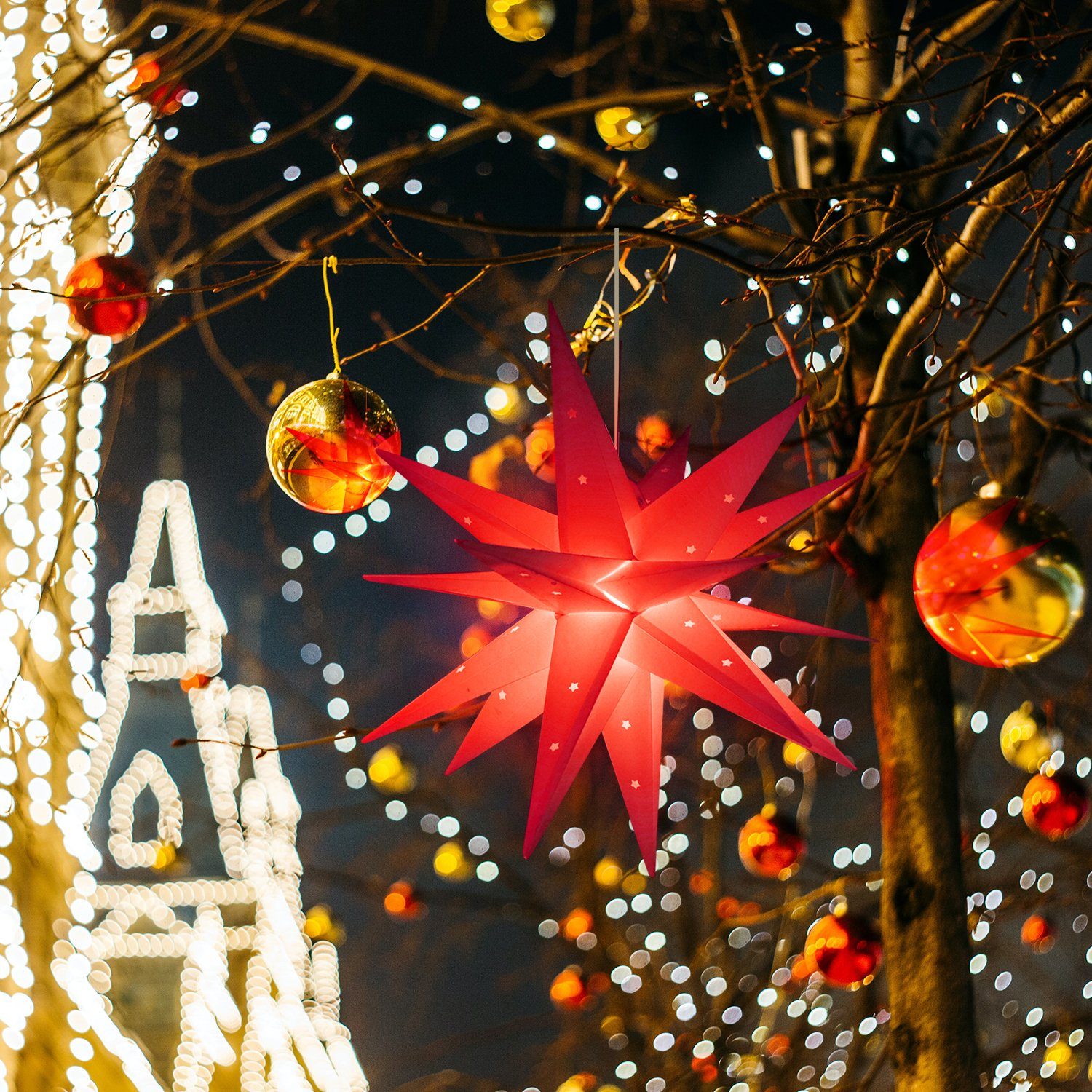 Salcar LED Dekolicht 60cm 3D Papierstern Beleuchtet LED Stern Weihnachtsdekoration Fenster, Weihnachtsstern Hängend mit 18 Spitzen, Rot