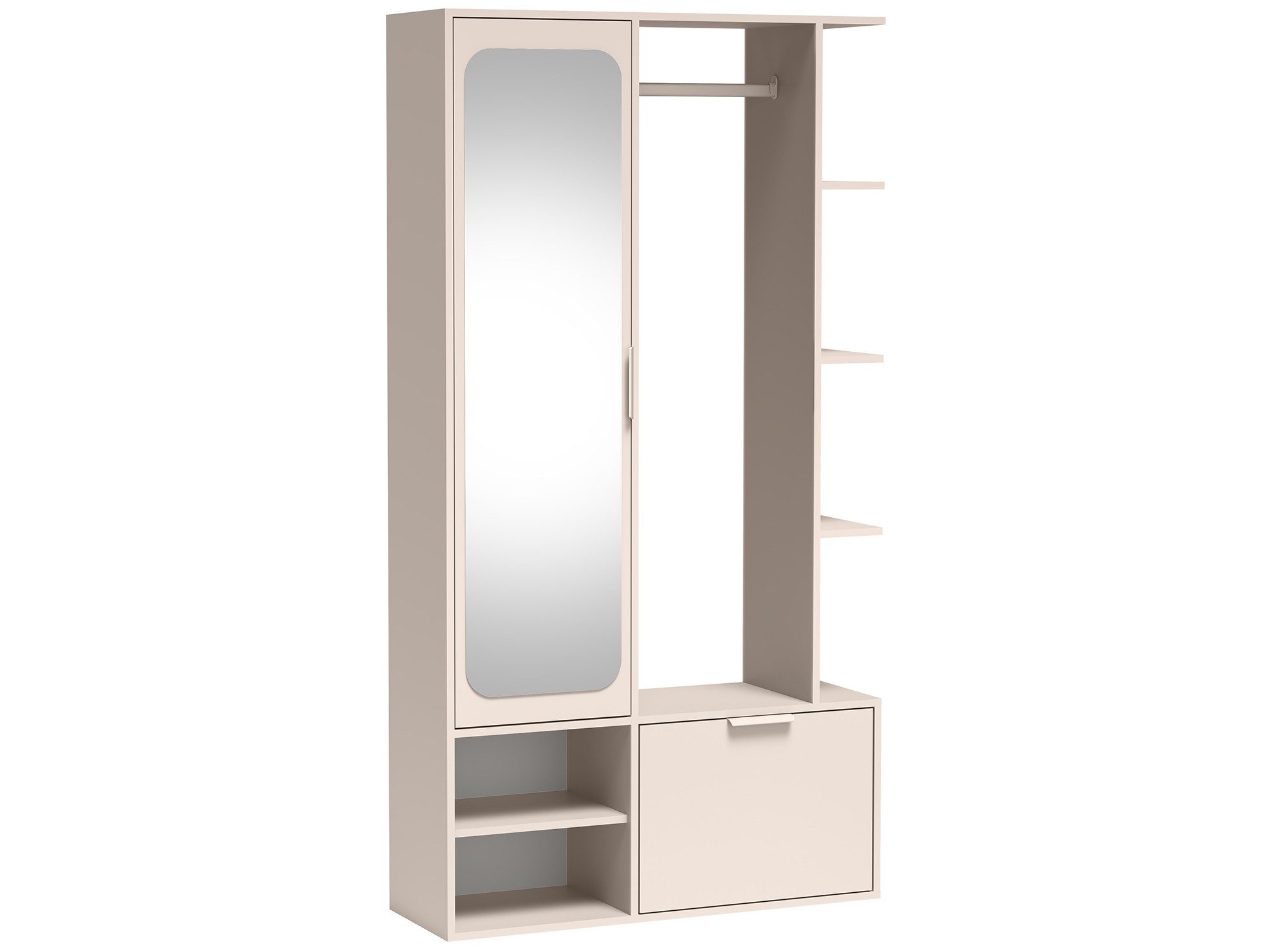 Beautysofa Kompaktgarderobe NIVA mit Spiegel (Metallbeschläge mit Soft-Close, Kleiderstange, Schuhschrank und Ablagen) 4 Farben: Eiche Bookmatch, Kaschmir, Alpinweiß oder Diamantgrau